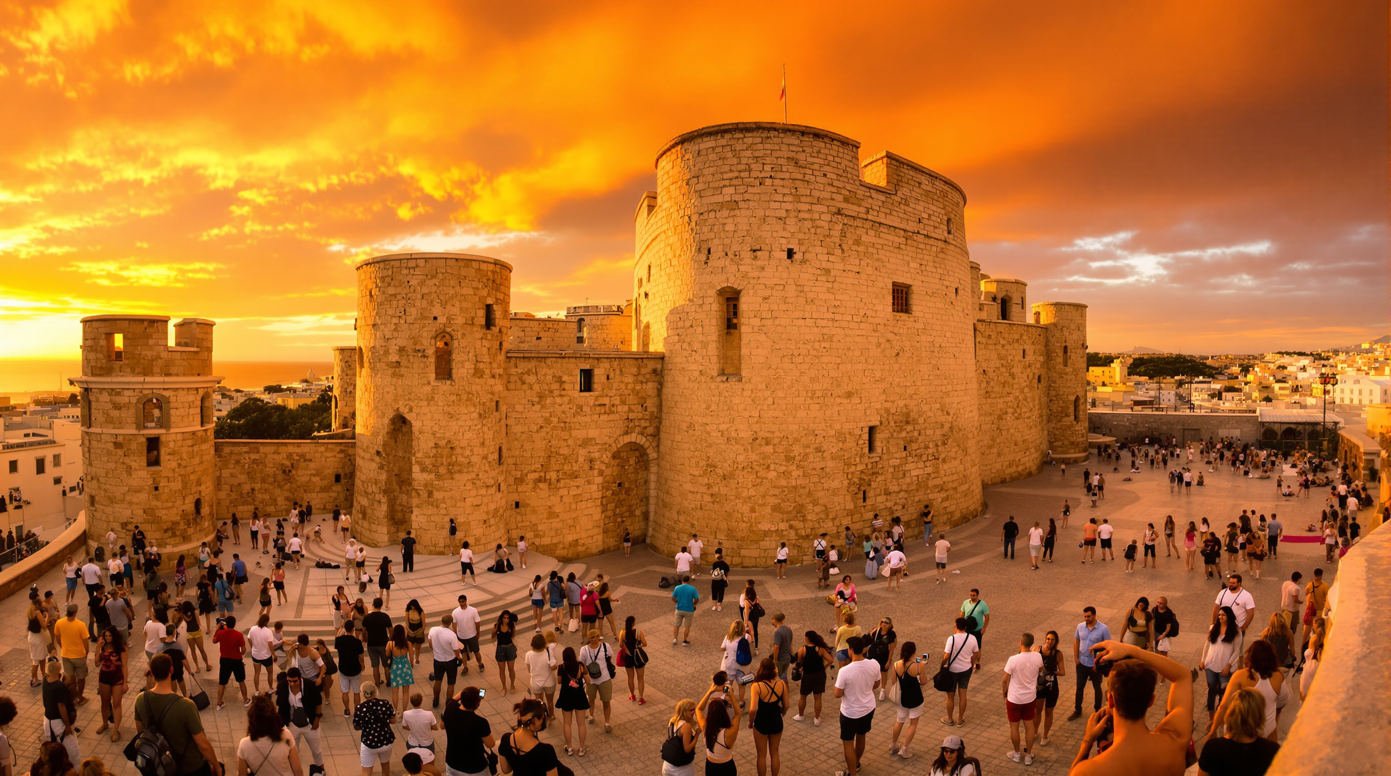Golden hour au château Santa Bárbara à Alicante avec des touristes profitant du coucher de soleil.