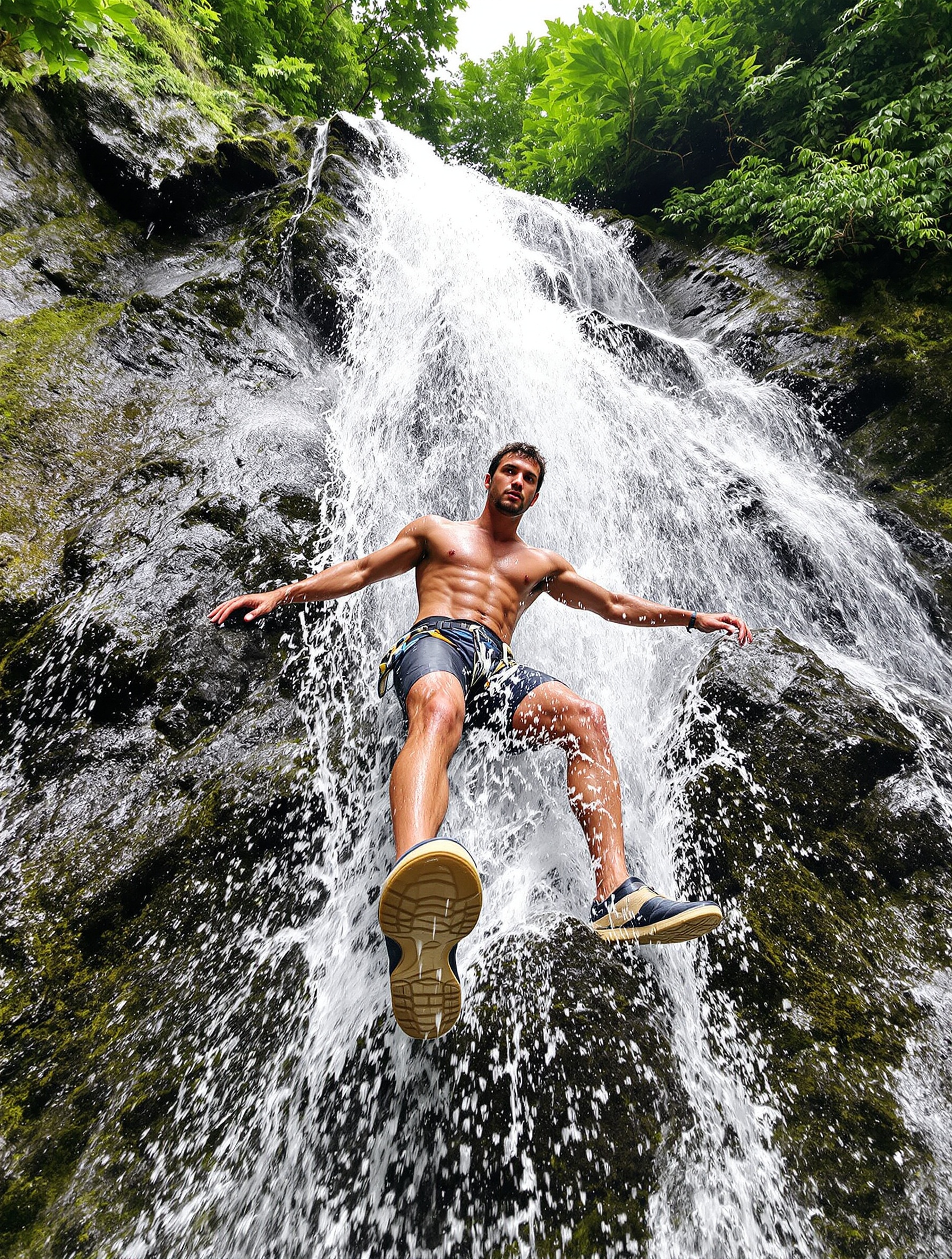 Un grimpeur équipé sur les roches glissantes des Chutes Dunn's River avec des chaussures d'eau