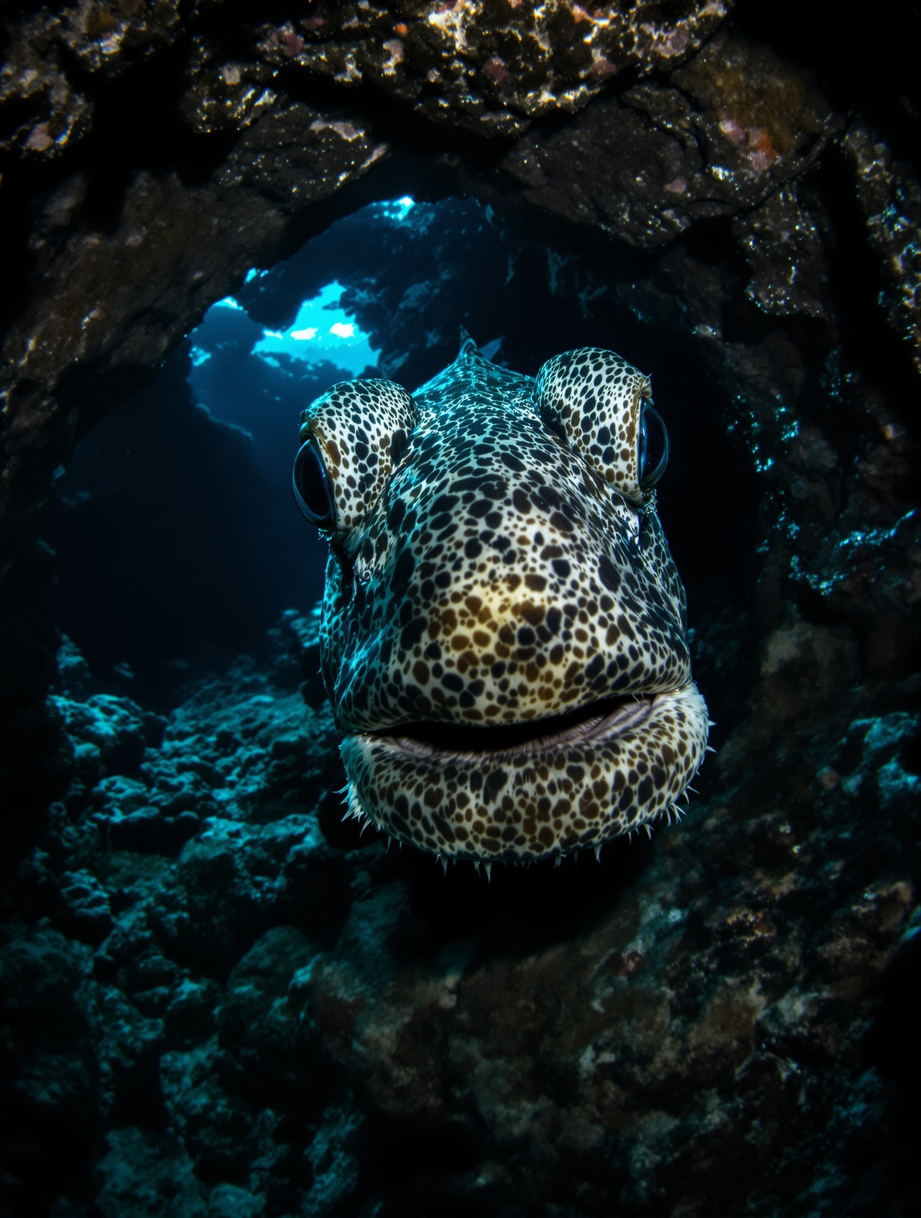 Gros plan sous-marin d'un mérou curieux sortant d'une faille rocheuse dans les eaux claires de la réserve de Scandola.