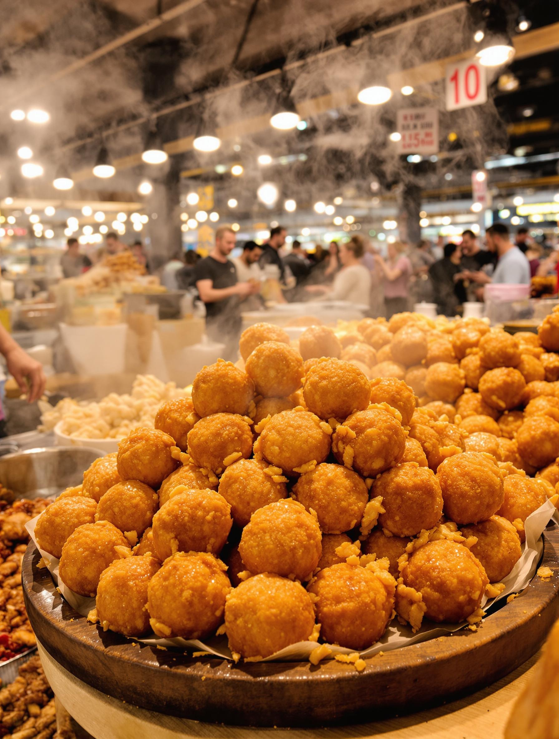 Stand de bitterballen dans les Foodhallen d'Amsterdam avec une foule multiculturelle