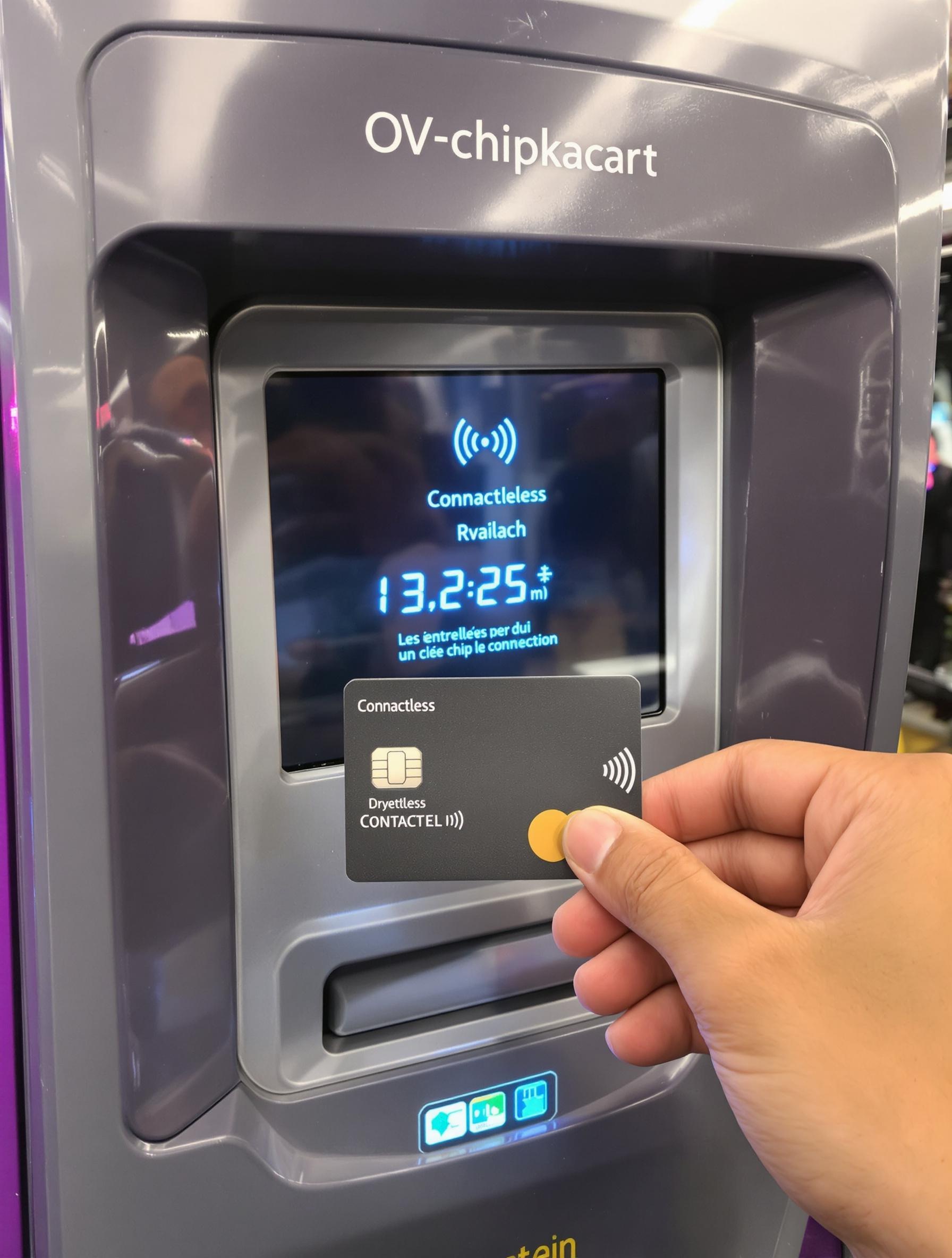 Photo gros-plan d’un valideur OV-chipkaart avec une main tenant une carte bancaire sans-contact.