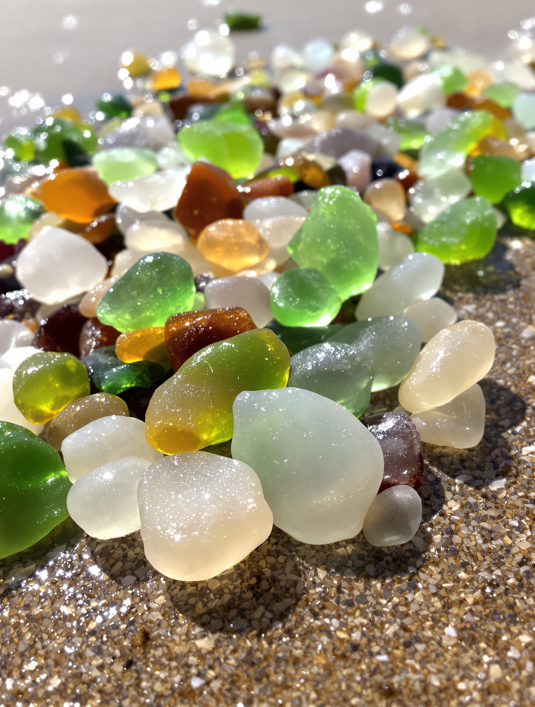 Poignée de verres de mer colorés et polis sur le sable humide de Glass Beach sous le soleil