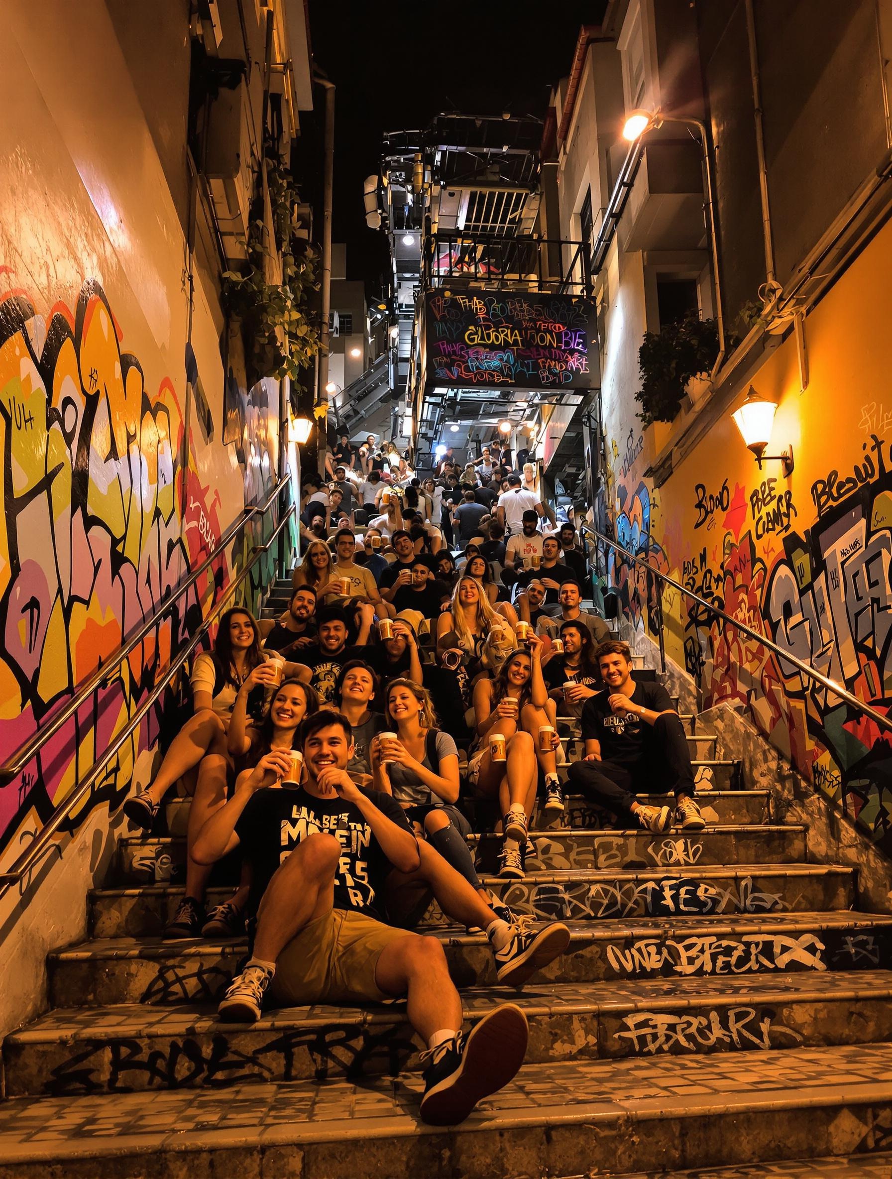 Pub crawl autour du funiculaire Ascensor da Glória avec street art en arrière-plan.