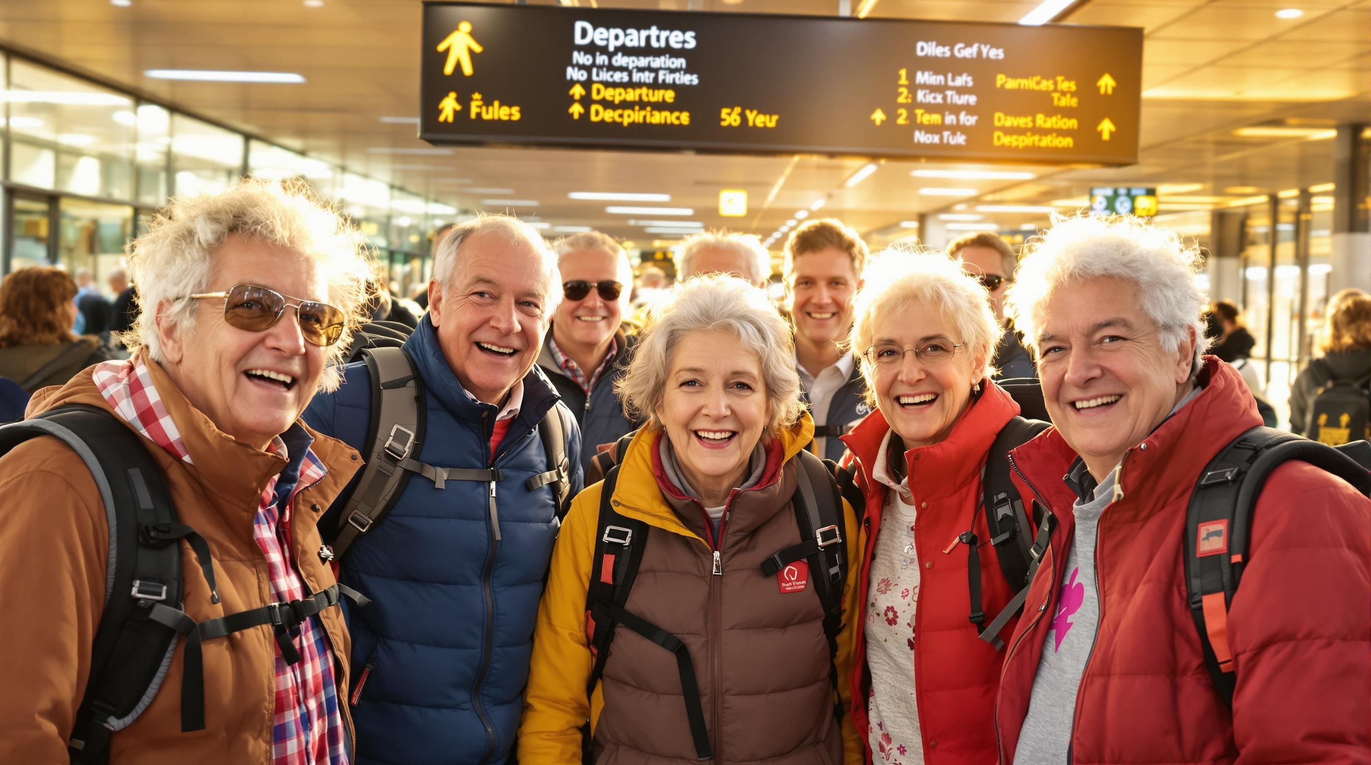 Groupe de seniors inspirants prêts à partir depuis un aéroport