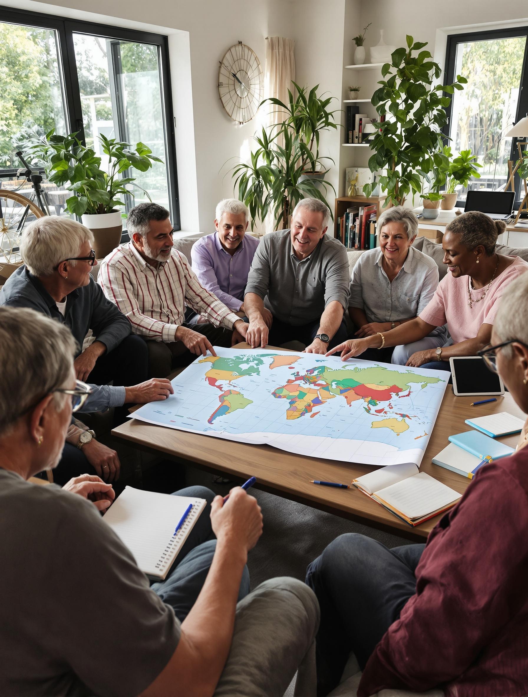 Groupe de seniors planifiant un séjour solo autour d'une carte du monde