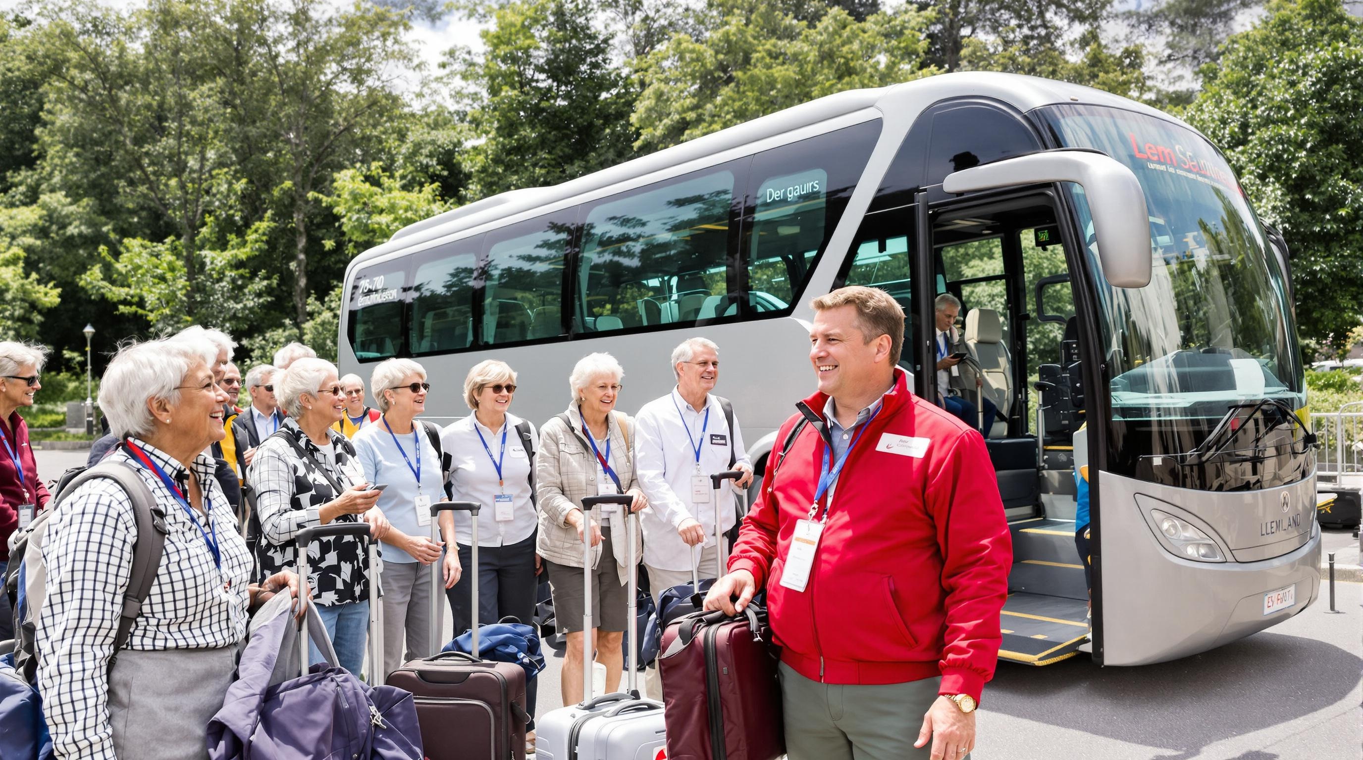 Groupe de seniors en voyage organisé avec guide, badges et valises connectées
