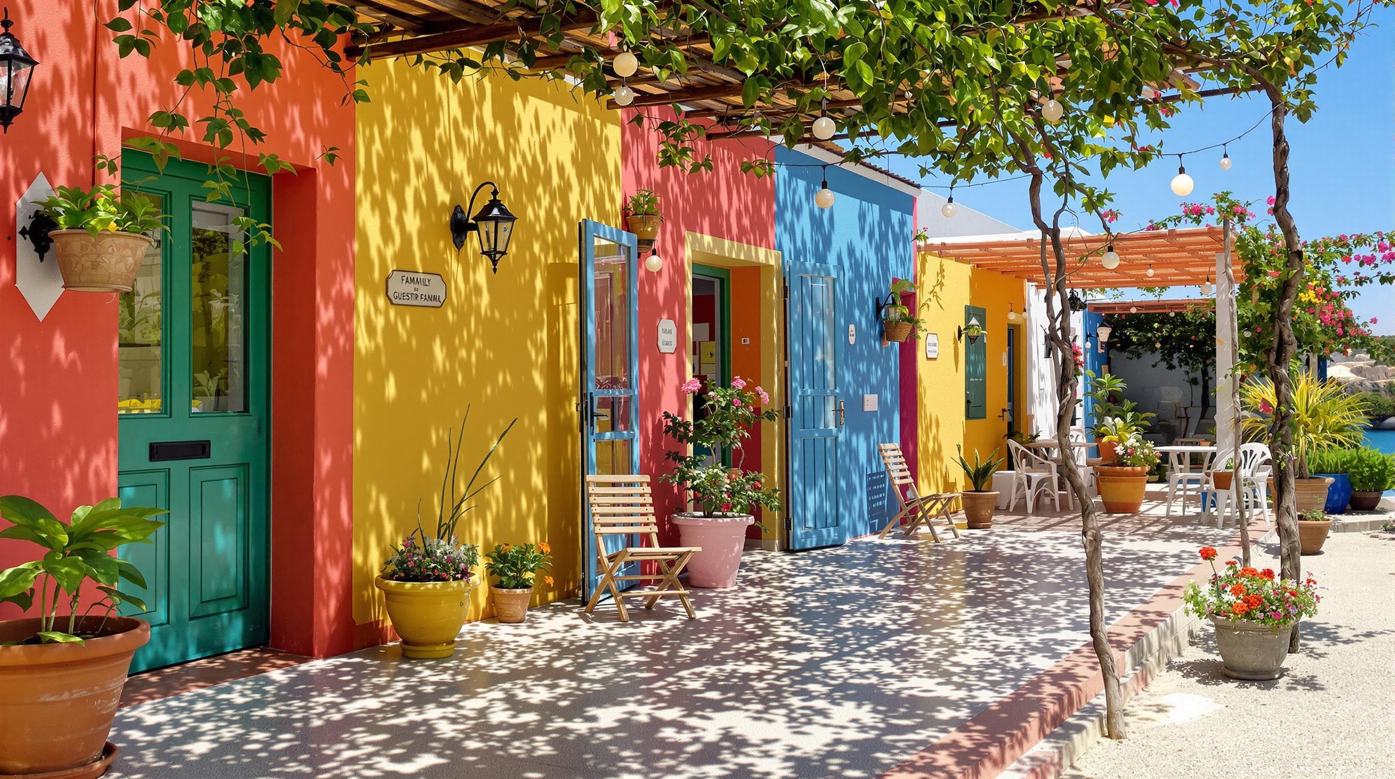 Guesthouse familiale de Ksamil façade colorée terrasse ombragée, ambiance conviviale.