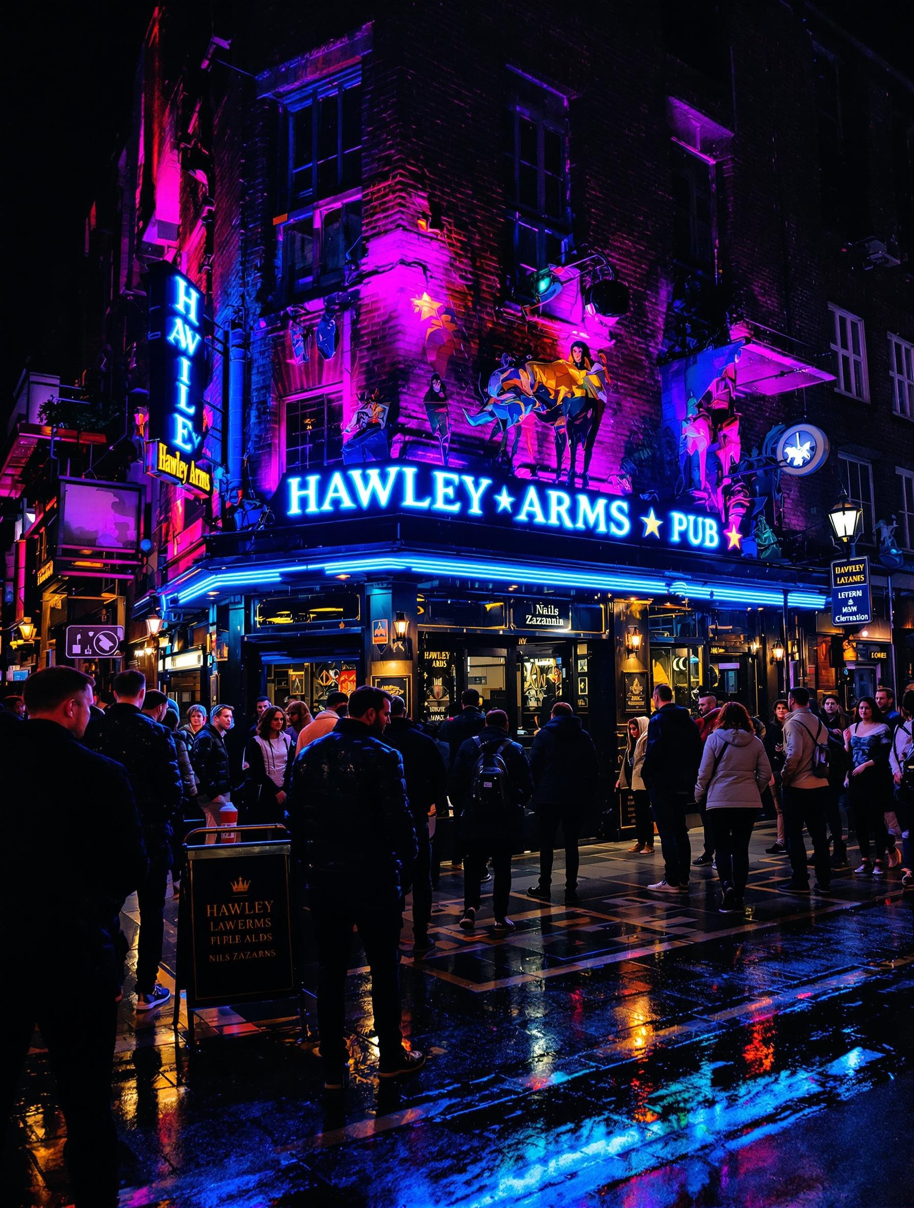 Façade nocturne du Hawley Arms à Camden avec néons et foule bigarrée.