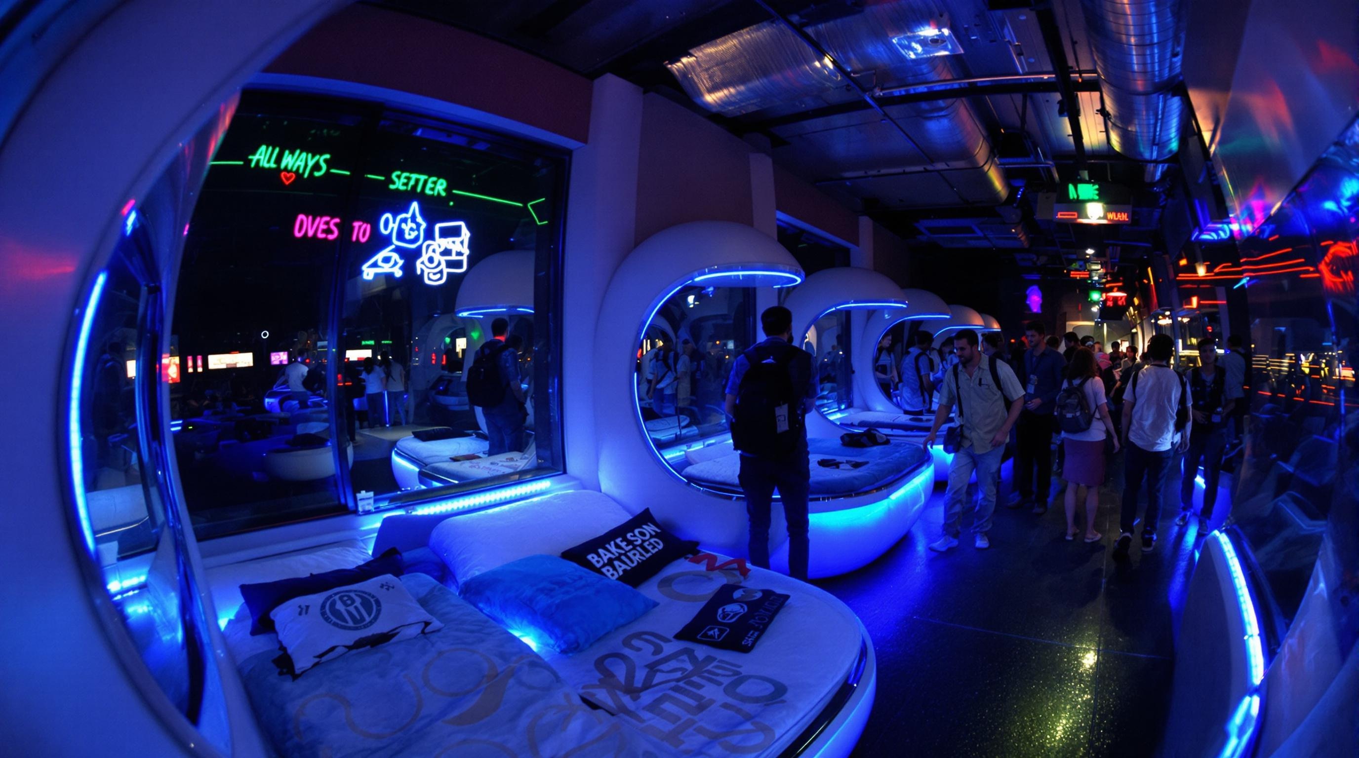 Dortoir d'auberge à Camden Town, check-in tardif, lits capsules avec lumières LED bleues, ambiance conviviale.