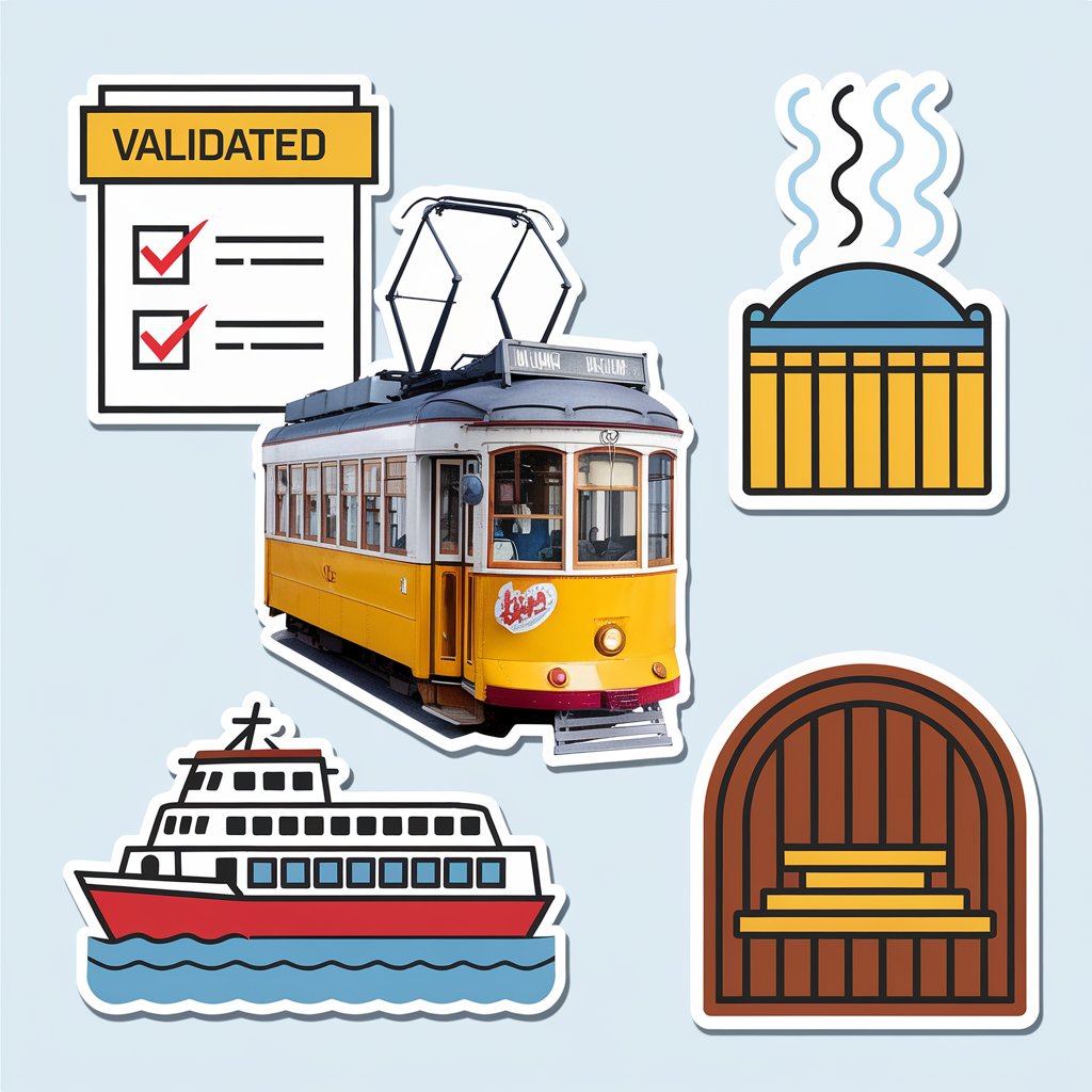 Icône checklist validée façon pop-art avec tram jaune d’Helsinki, ferry et pictogramme sauna fumant. Style minimaliste, couleurs vives, effet sticker urbain.