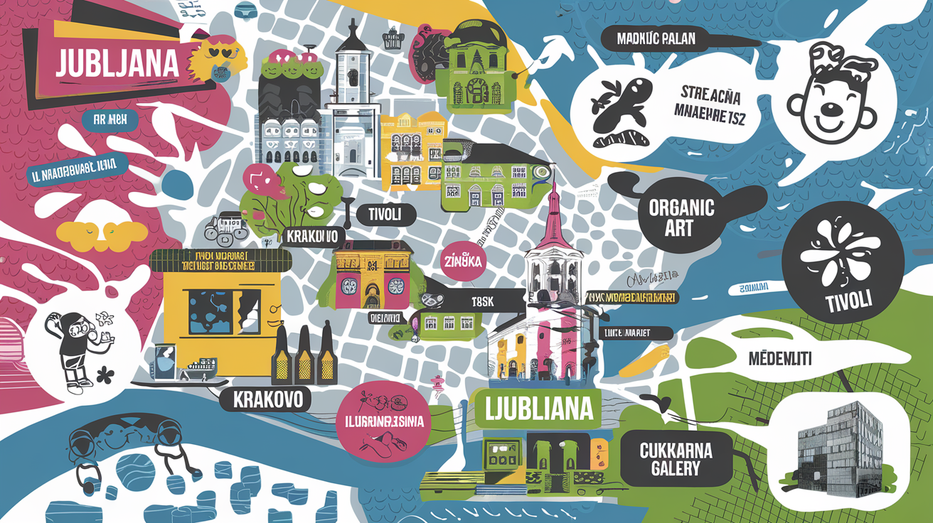 Carte de Ljubljana avec Old Town, Trnovo, Krakovo, Šiška et Tivoli version street-art