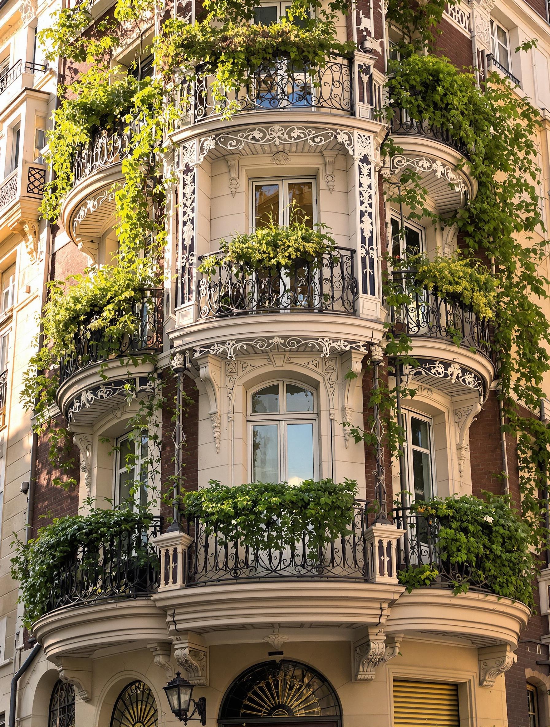 Immeuble art nouveau typique de Crocetta, balcons en fer forgé et végétation.