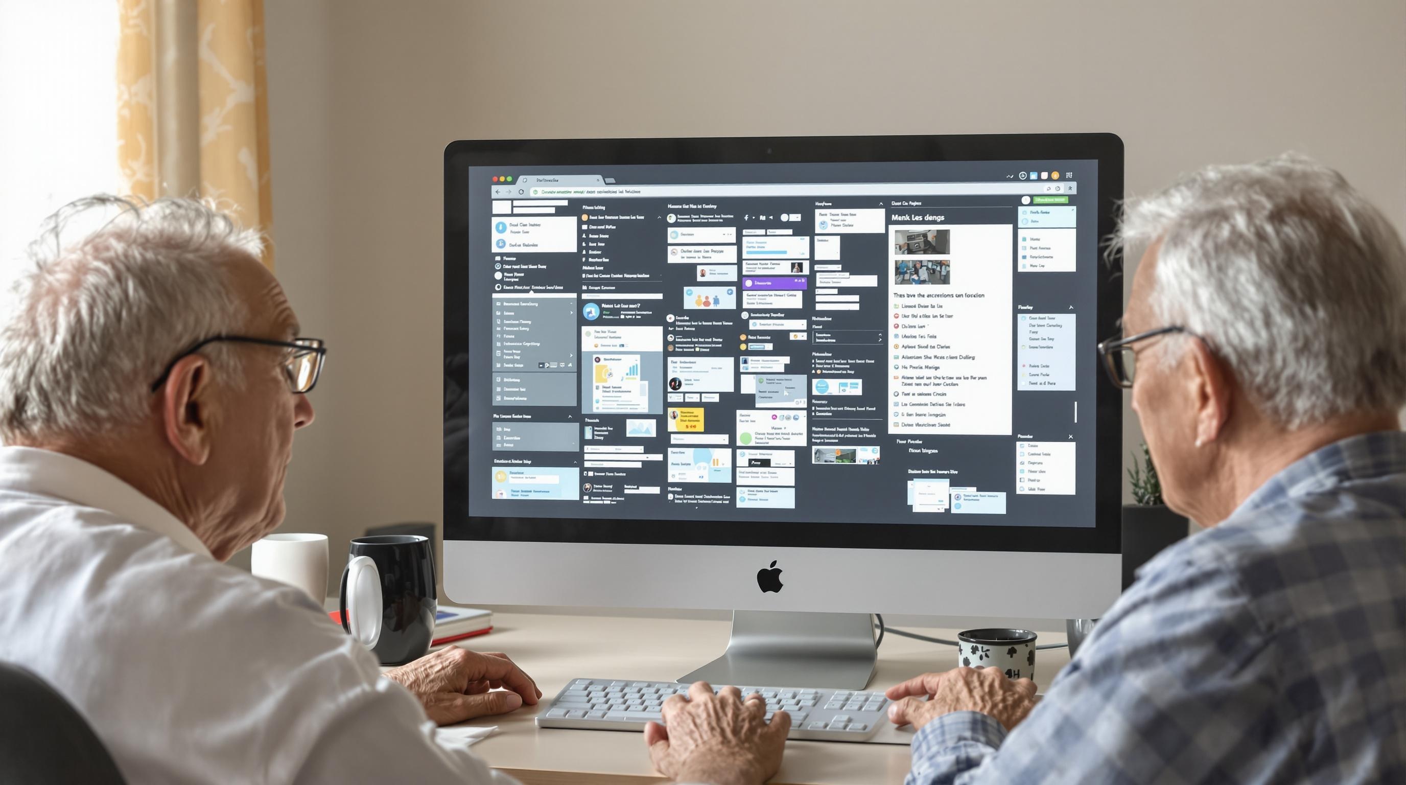 Interface complexe d'un site de voyage pour seniors, avec des seniors devant un ordinateur