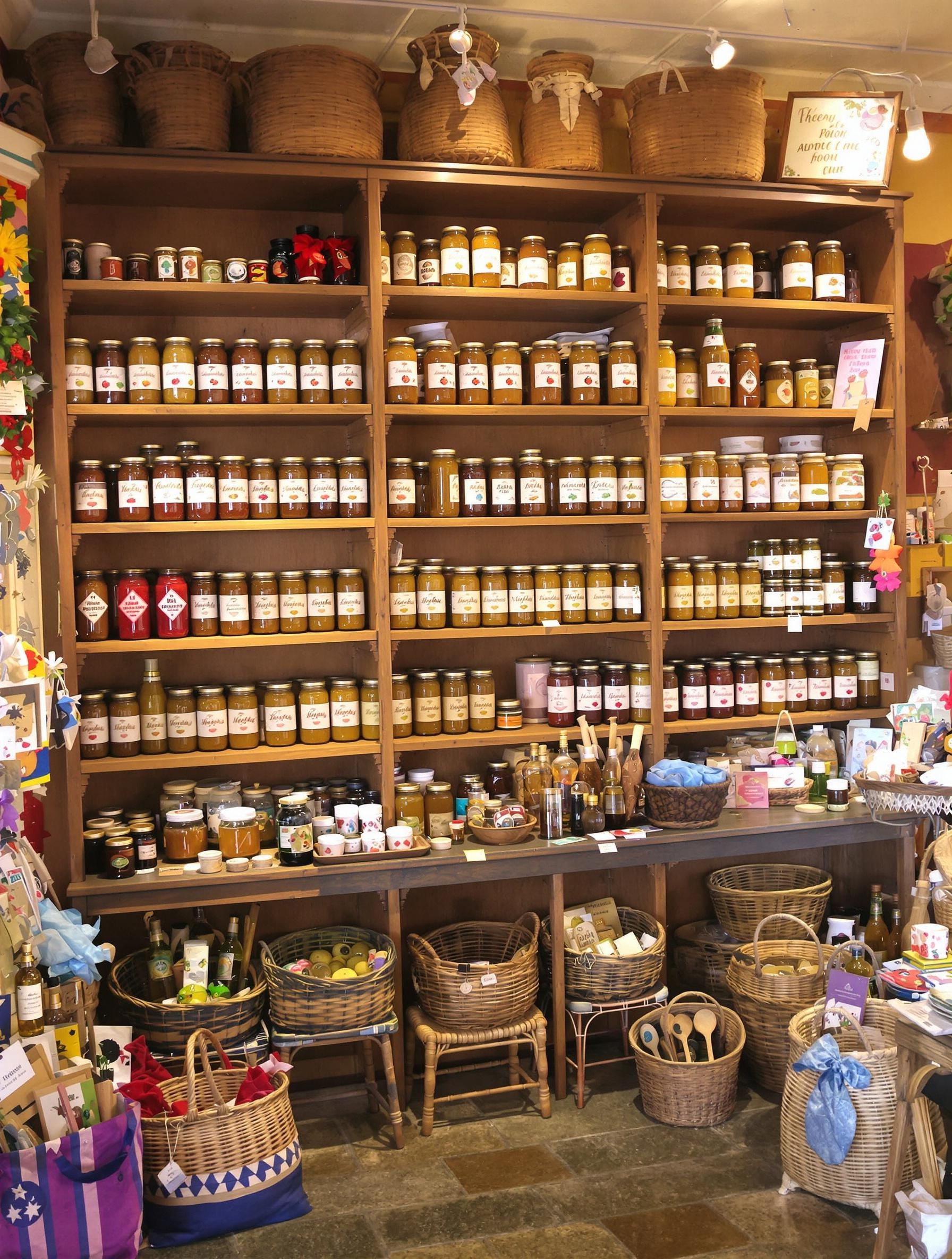 Boutique artisanale étagères produits locaux terroir confitures miel souvenirs Honfleur