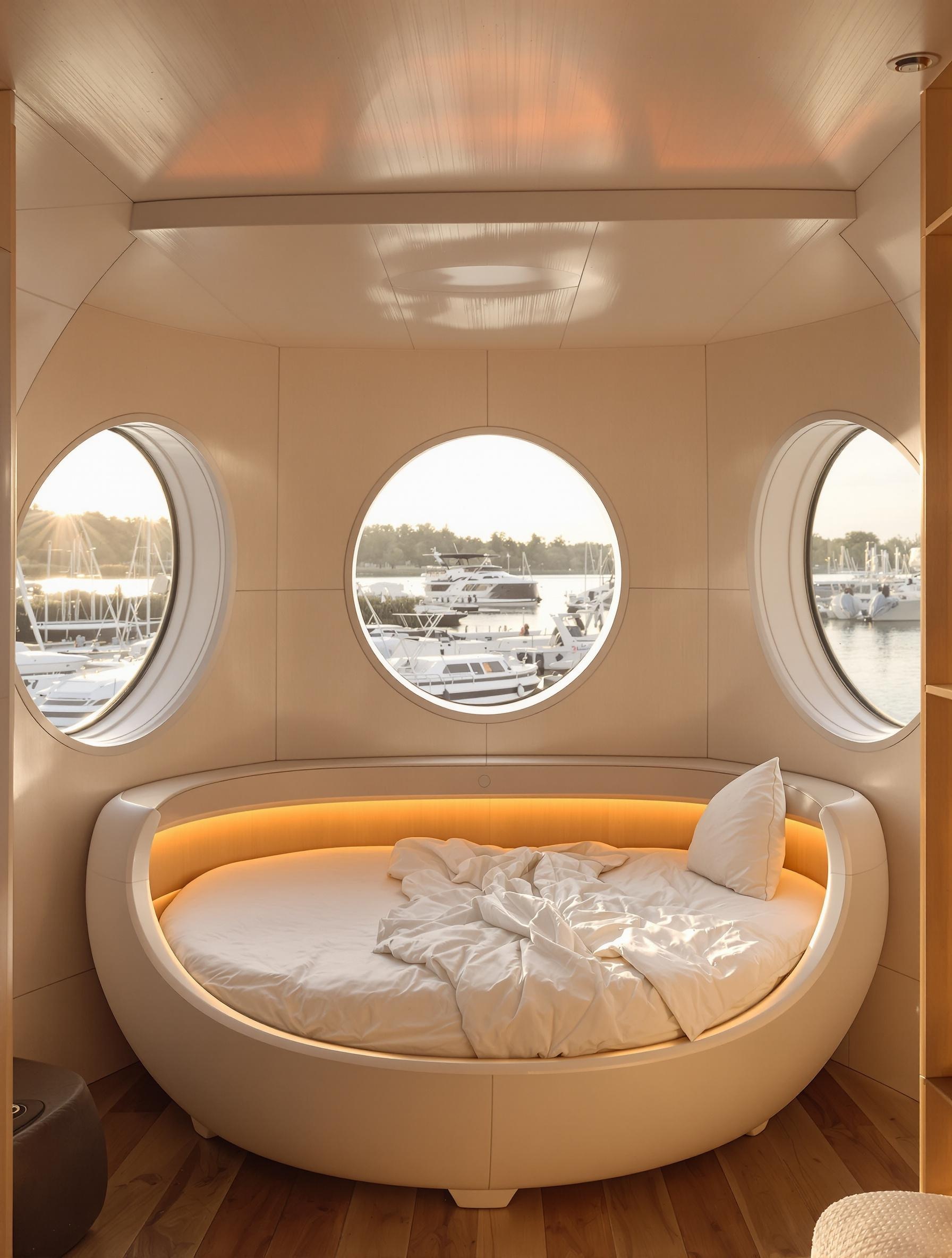 Vue intérieure d'une péniche moderne sur la Meurthe à Nancy, déco scandinave minimaliste, hublots ronds, ponton au lever du soleil, détail capsule-hostel futuriste