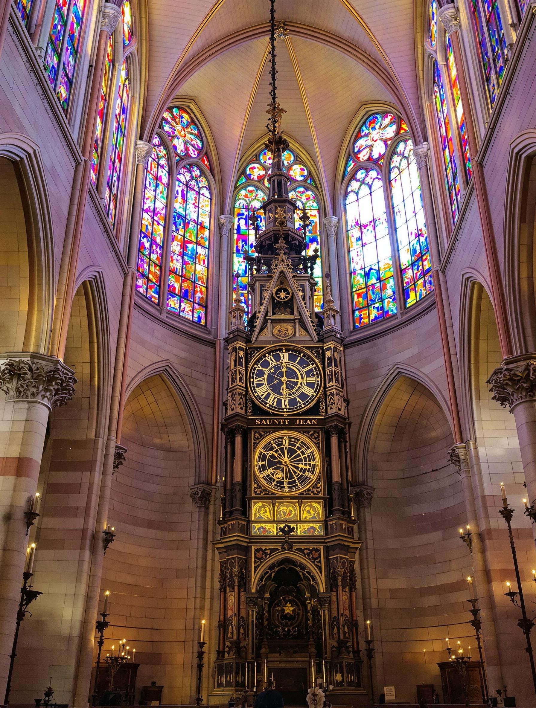 Intérieur de la Primatiale Saint-Jean avec horloge astronomique et vitraux gothiques