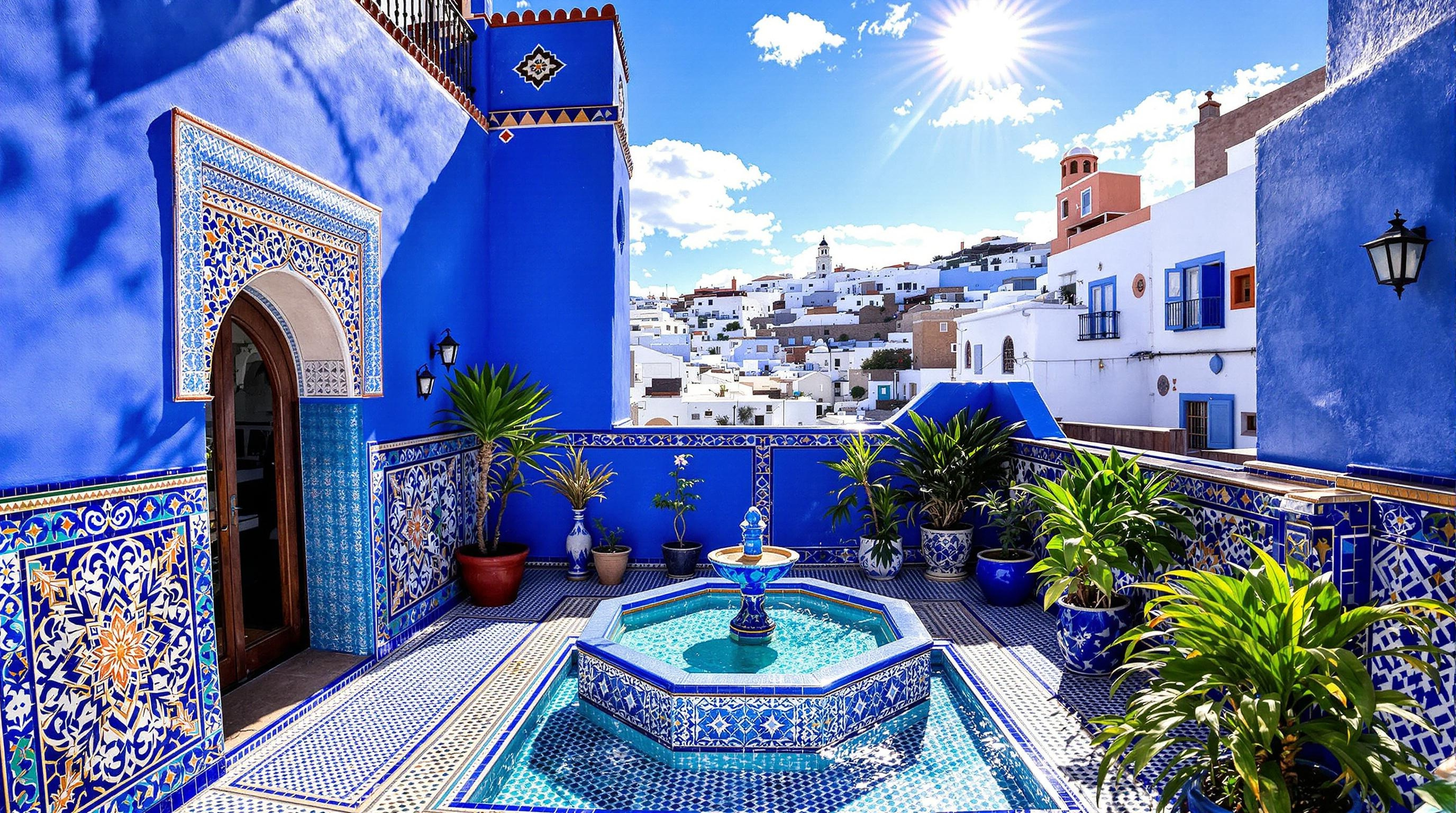 Intérieur lumineux d'un riad photogénique à Chefchaouen, murs bleus et terrasse soleil.