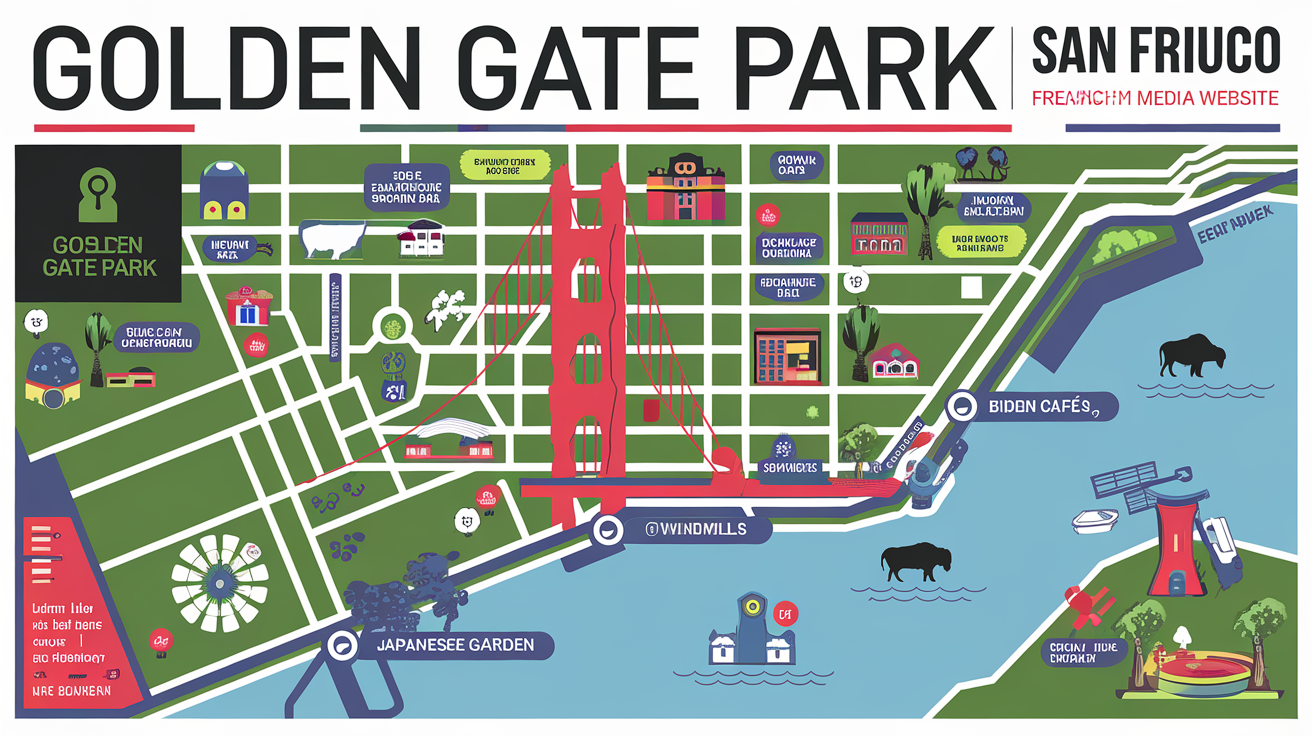 Carte pop-art des meilleurs itinéraires dans Golden Gate Park – musées, moulins, cafés secrets.