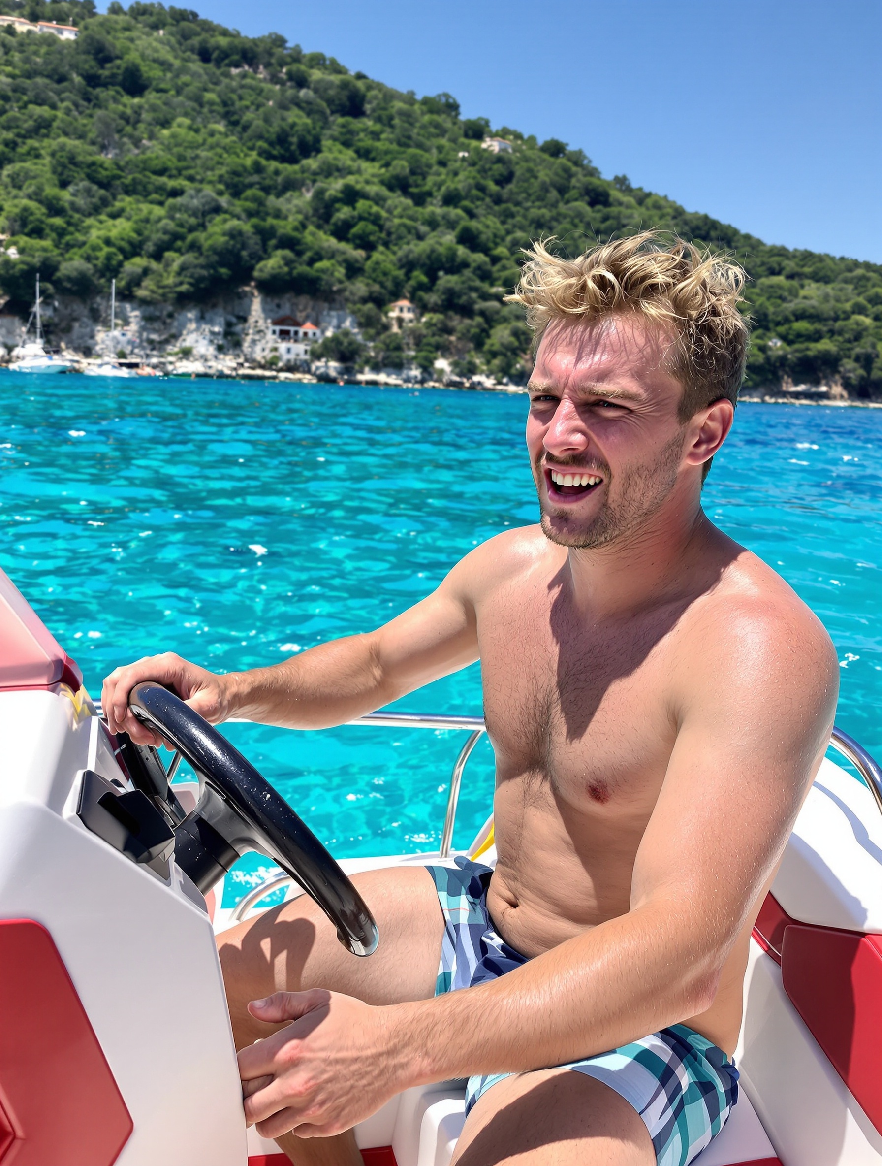 Jeune homme galère à manœuvrer un petit bateau de location sans permis dans les eaux turquoise de Paleokastritsa, Corfou