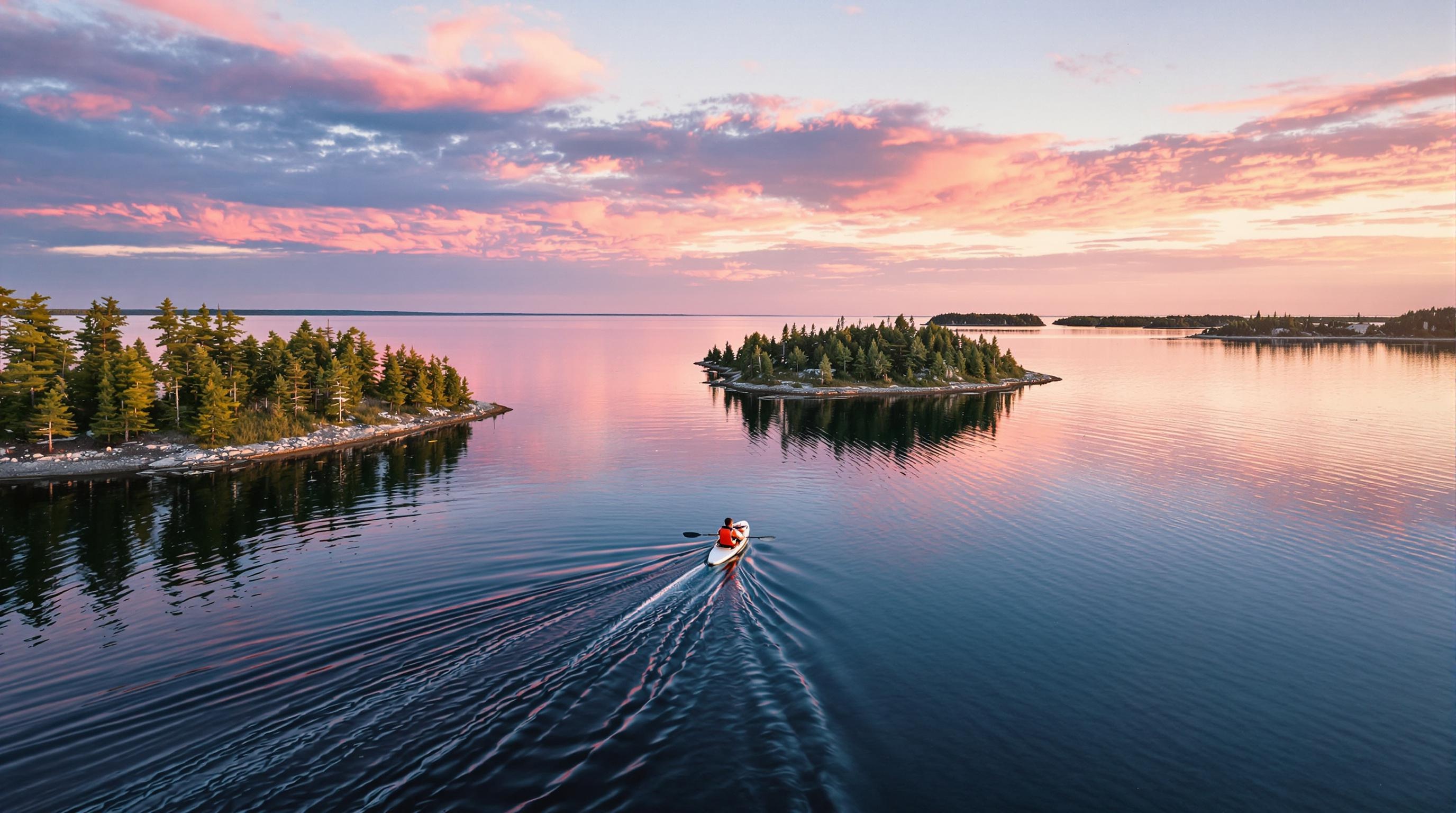 Kayakiste solitaire pagayant entre îlots boisés de l’archipel d’Espoo, ciel saumoné du soleil de minuit reflété sur la Baltique calme.