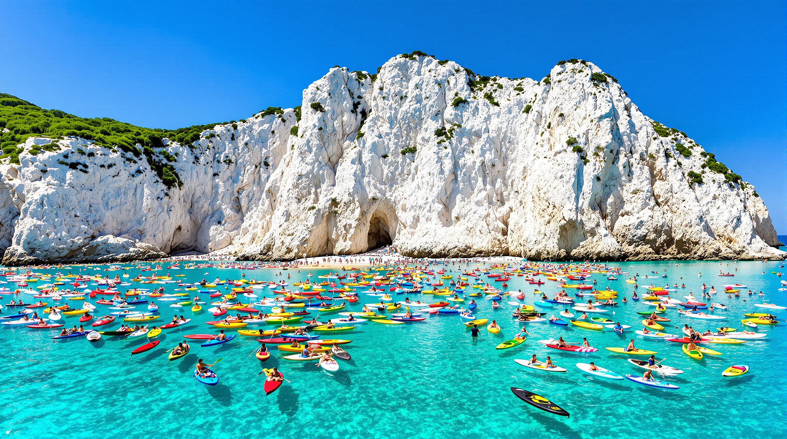 Kayaks multicolores sur l'eau bondée devant les falaises d'En-Vau en été