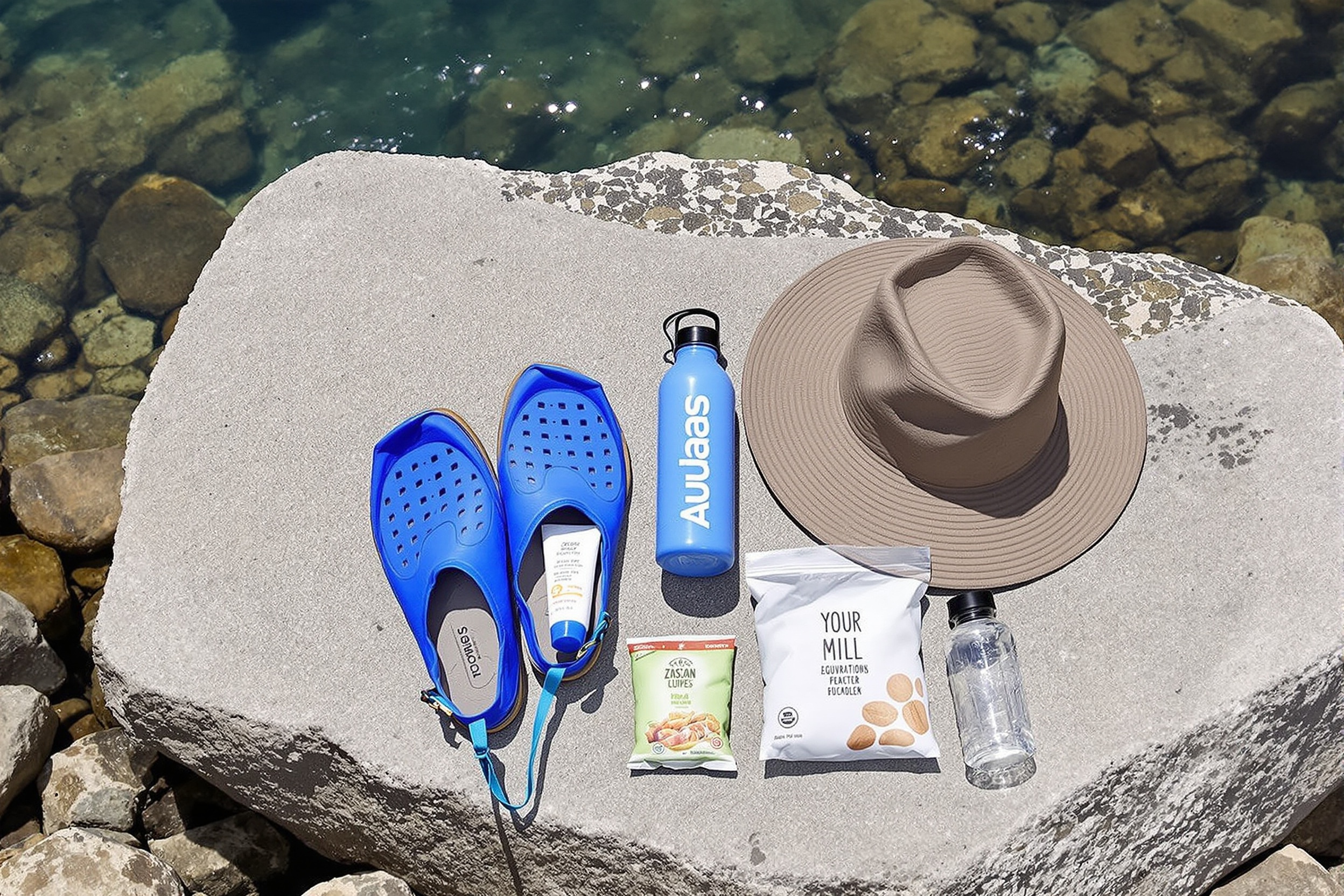 kit survie baignade Zoza aquashoes crème solaire gourde sac poubelle goûter