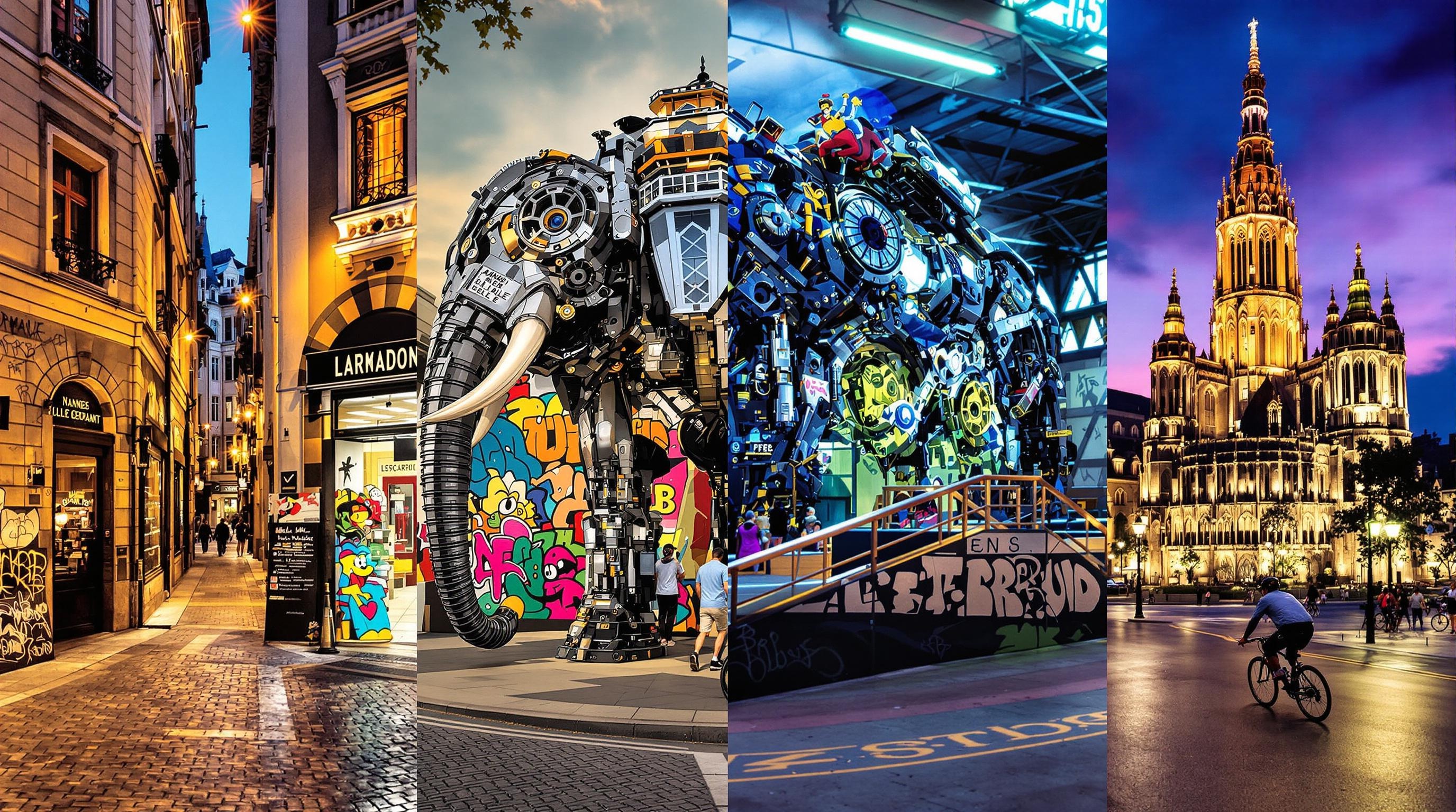 Traboule typique à Lyon avec bouchon authentique, Machines de l'Île de Nantes avec éléphant mécanique, skate-park Darwin à Bordeaux et cycliste devant la cathédrale de Strasbourg au crépuscule