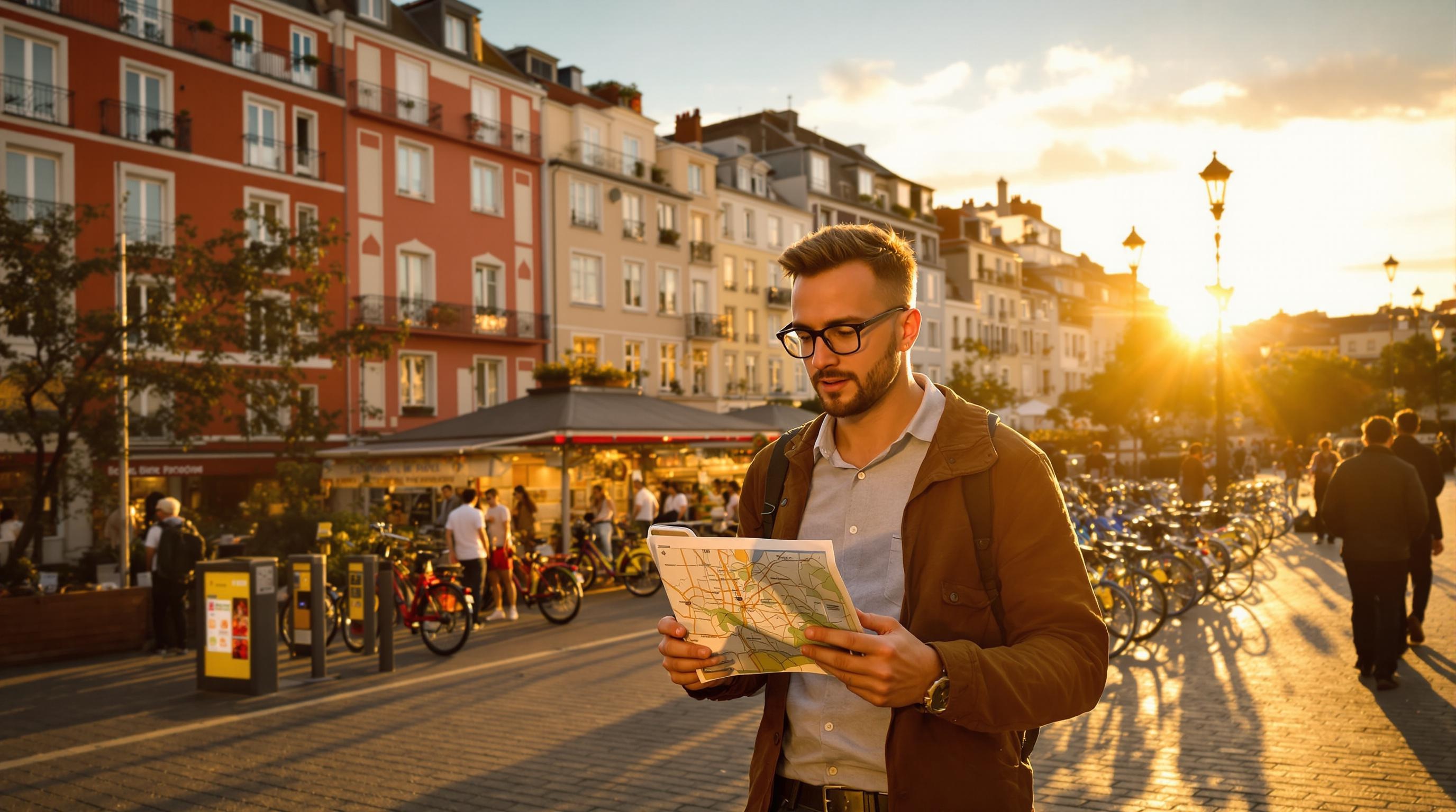 Lyonnais moderne entre plan papier et appli mobilité sur l’Esplanade de la Croix-Rousse au coucher du soleil