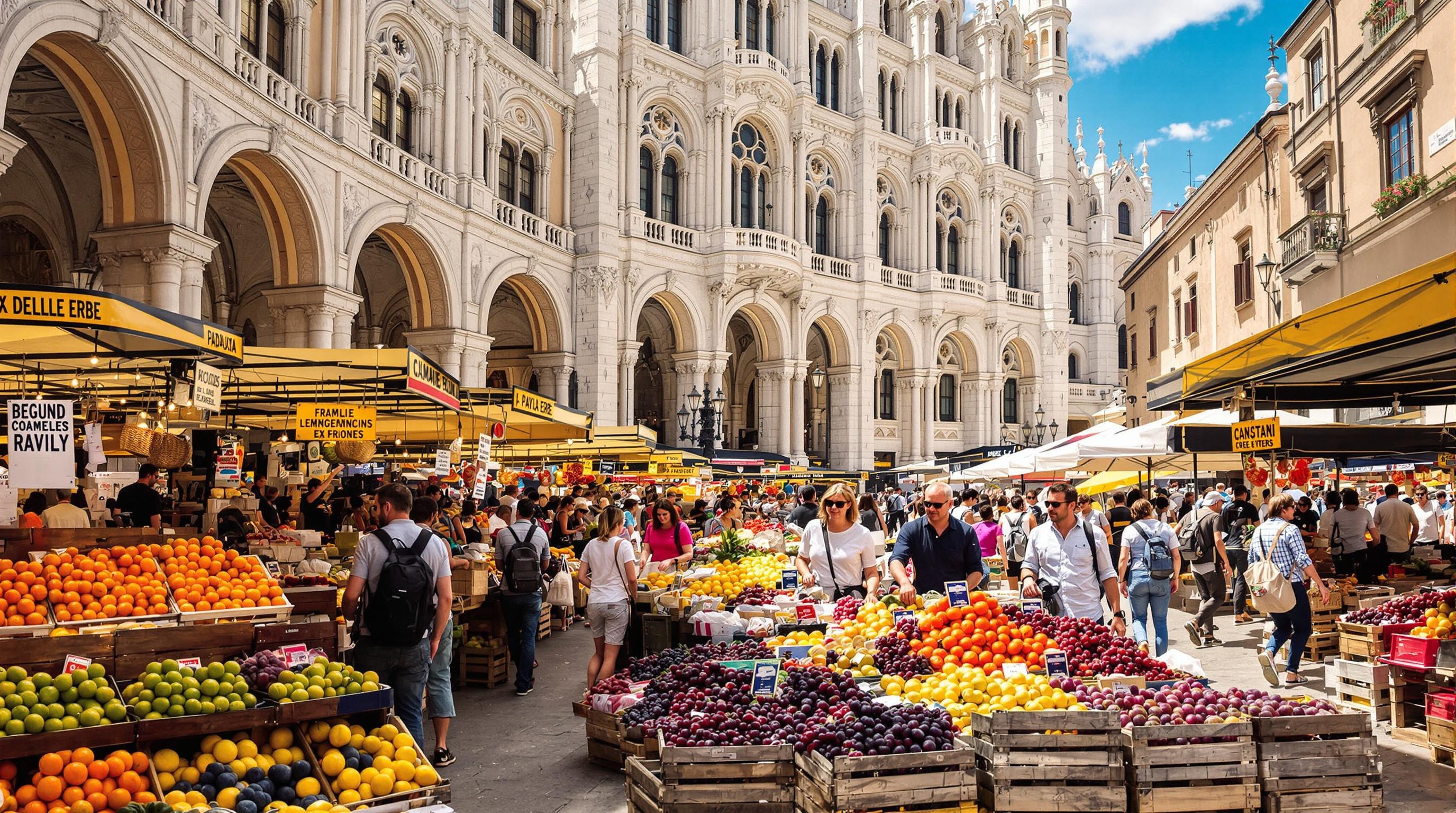Marché Piazza delle Erbe à Padoue, devant le Palazzo della Ragione.