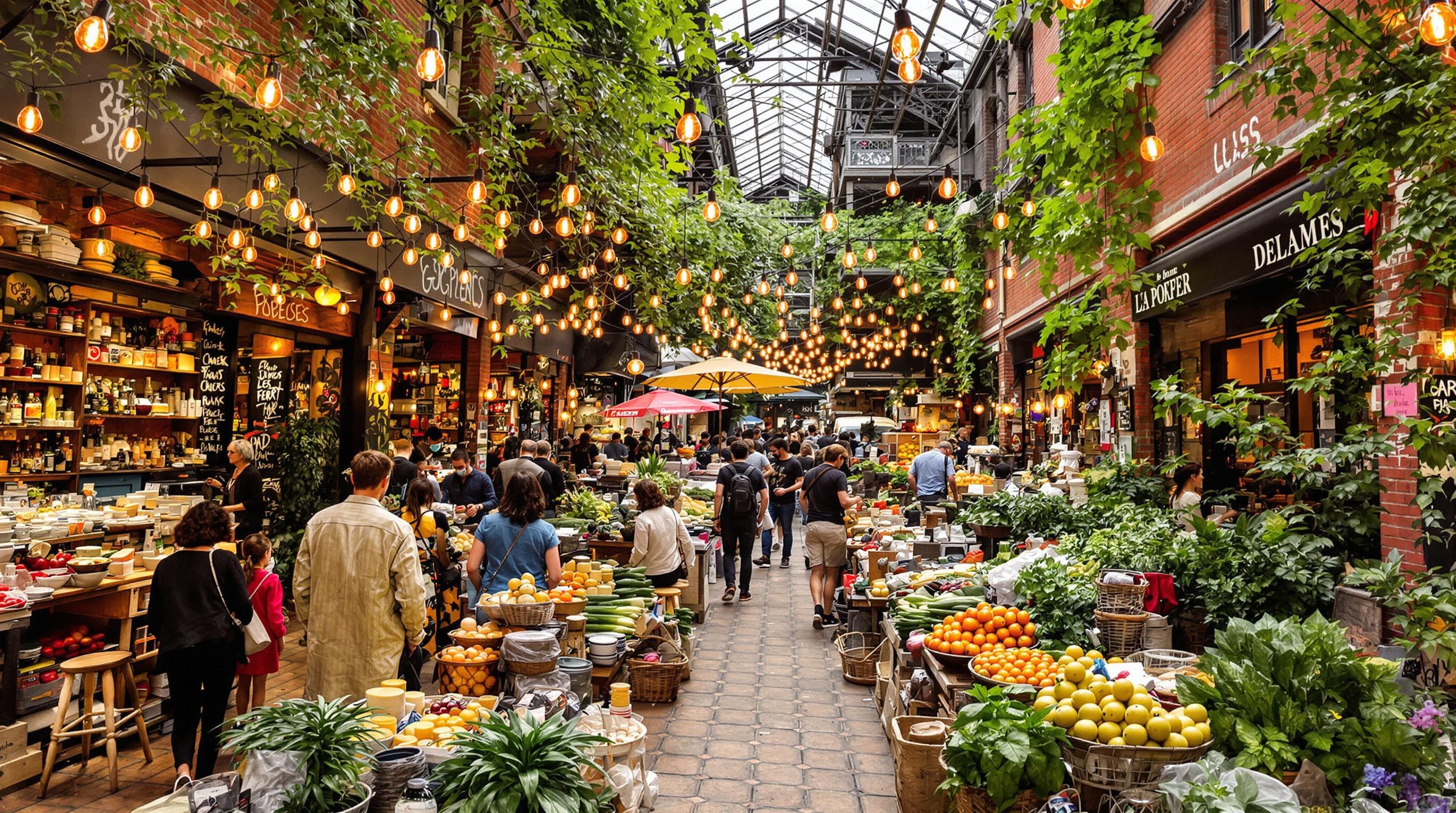 Marché aux puces du dimanche matin chez Szimpla Kert avec stands de fromages et légumes bio sous guirlandes lumineuses