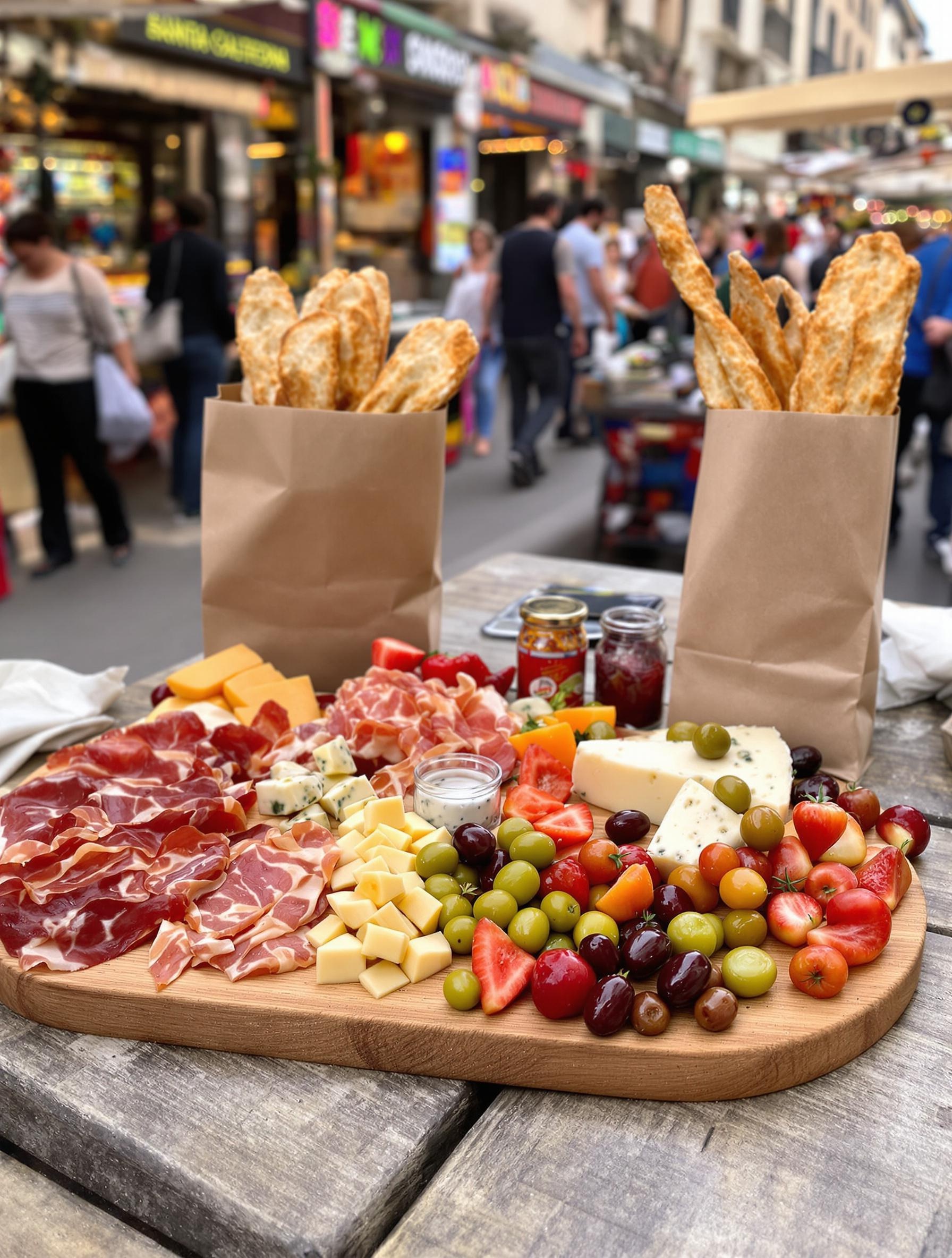 Planche pique-nique du marché Santa Caterina : jamón ibérico, fromage artisanal, pain croquant