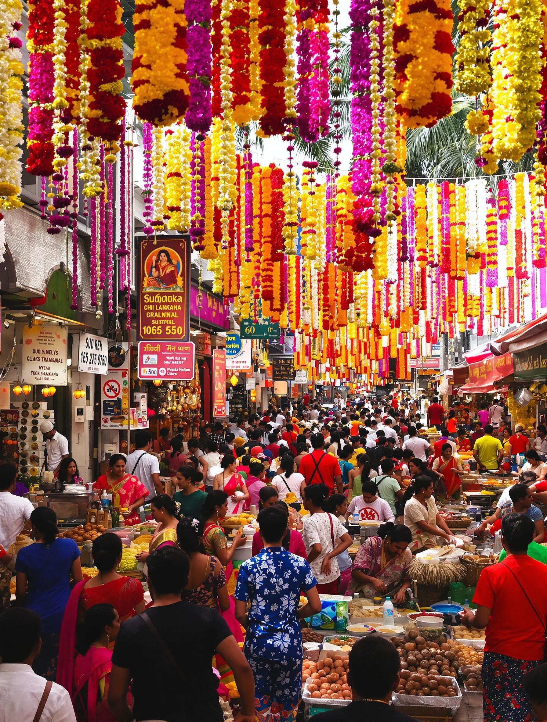 Marché animé au Sri Lanka pendant un festival, avec des guirlandes de fleurs et des stands de nourriture locale.