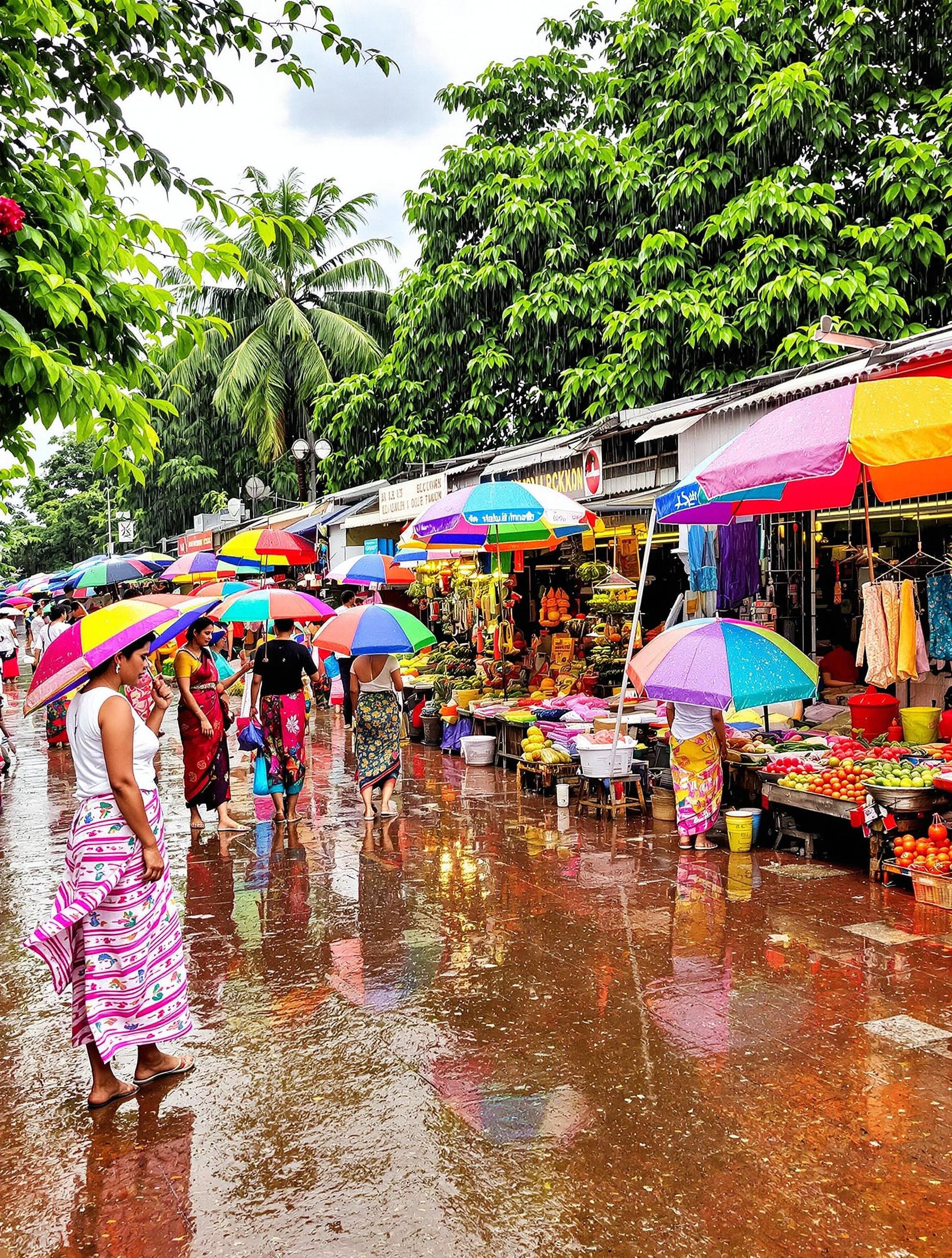 Marché animé au Sri Lanka sous une pluie tropicale, avec des vendeurs en sarong et des parapluies colorés.