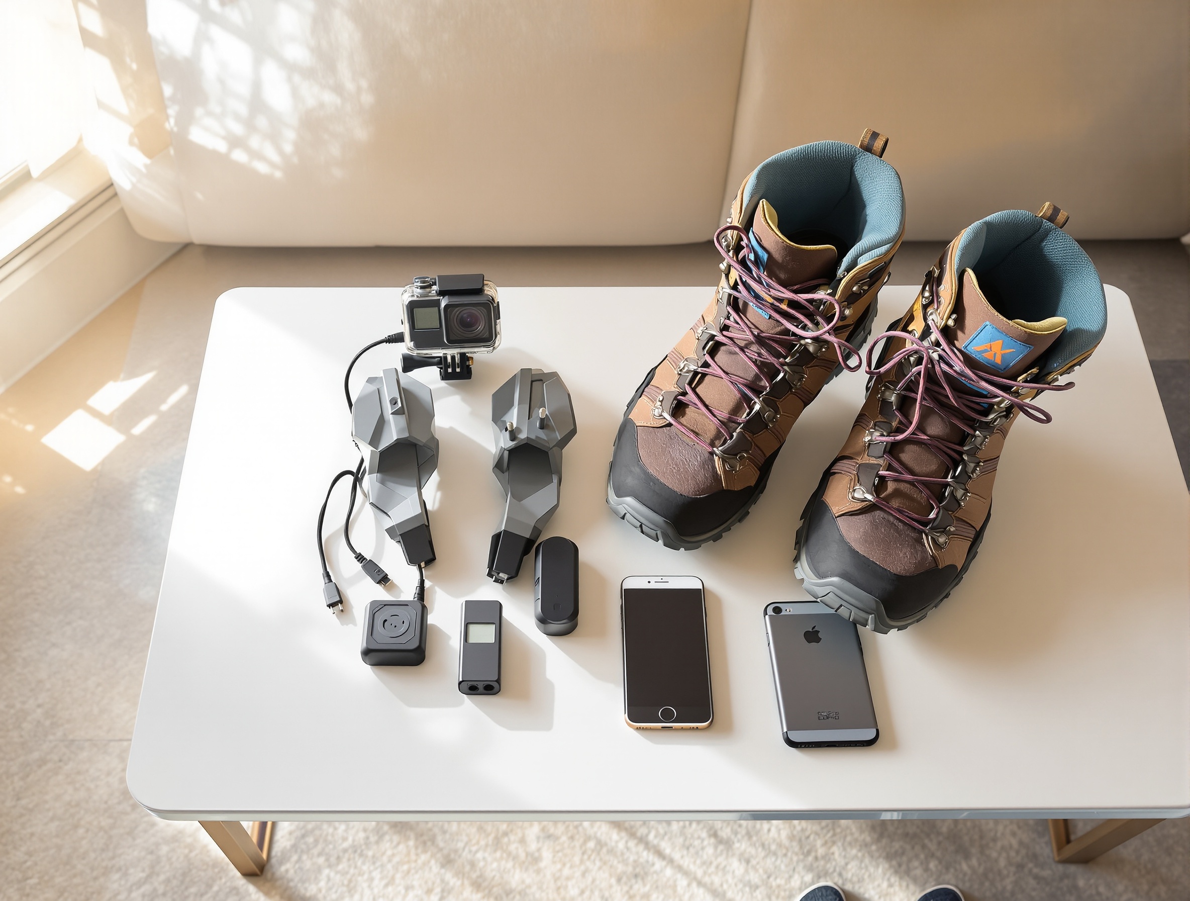 Matériel geek prêt pour l'aventure : chaussures de randonnée, adaptateur universel, batterie externe et GoPro.