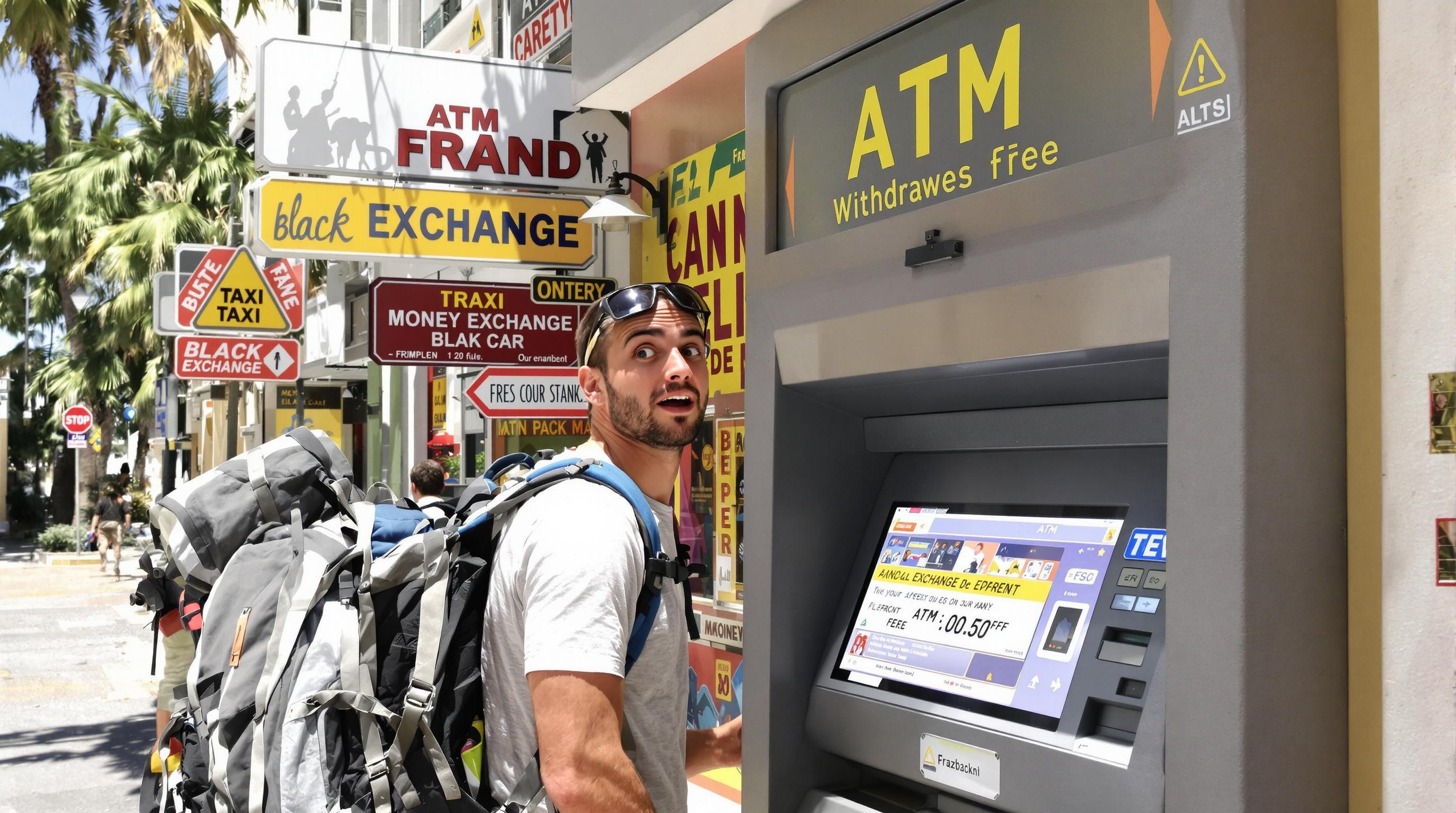 Backpacker devant un ATM à Zanzibar avec taxes élevées