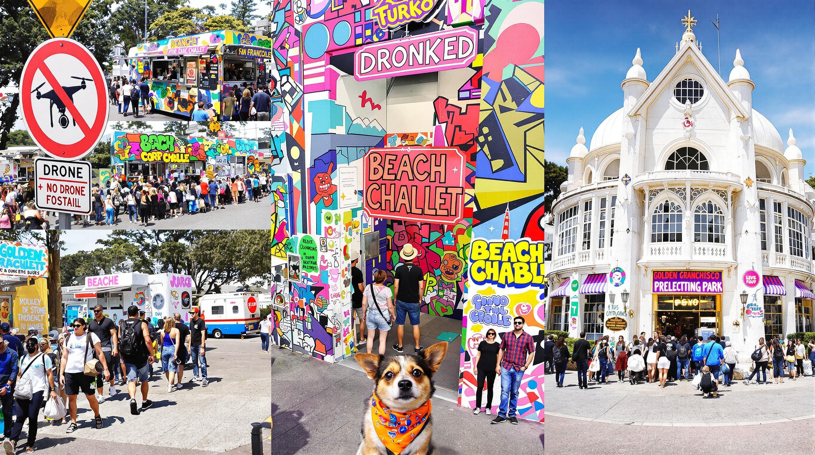 Montage ultra-coloré Golden Gate Park : file d’attente food trucks, panneau « no drone », toilettes publiques arty, petit chien en bandana et visiteurs devant le Beach Chalet.