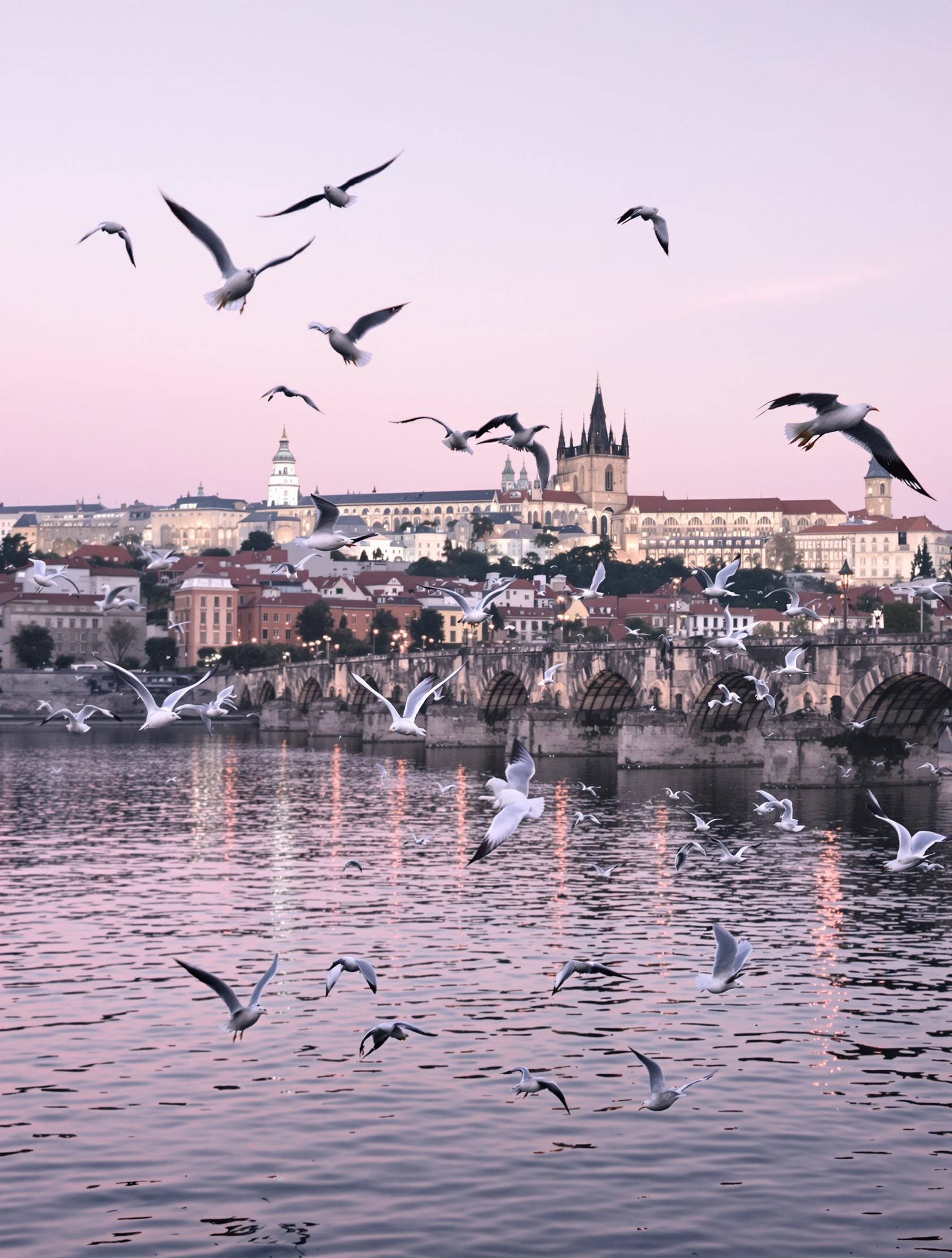 Mouettes planant devant le Pont Charles avec un reflet rose dans la Vltava