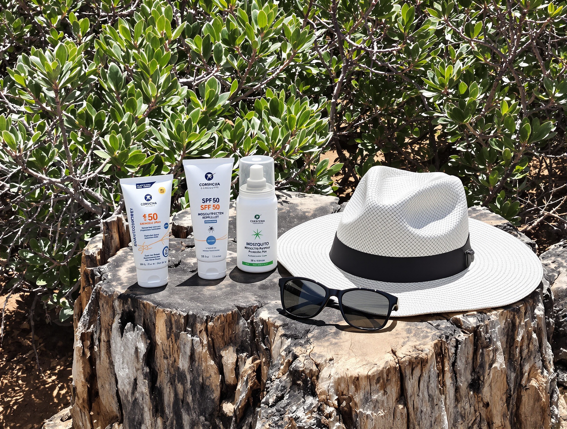 Pack protection rando : crème solaire SPF50, spray anti-moustiques, chapeau et solaires sur souche en maquis corse
