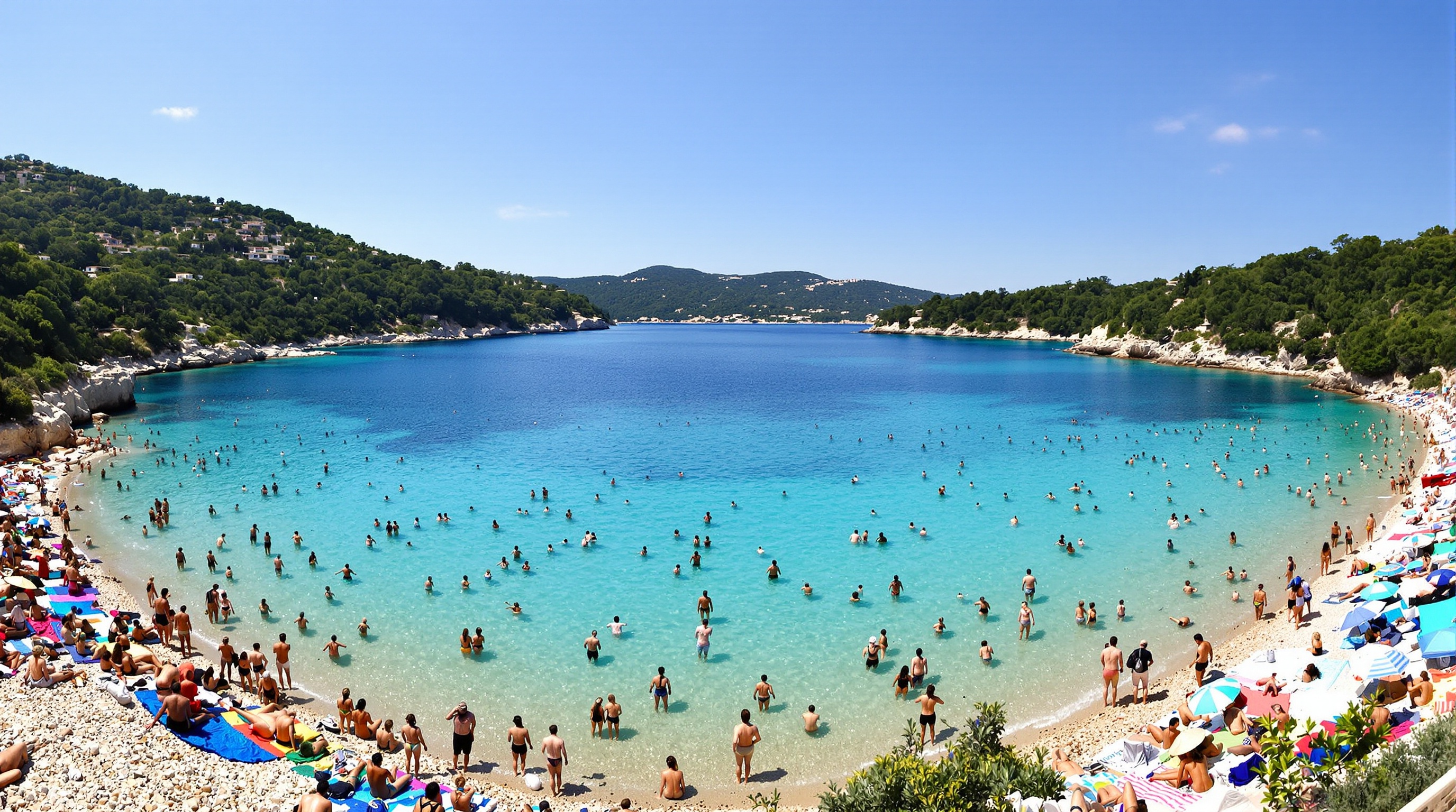 Vue panoramique sur les criques turquoise animées de Paleokastritsa, foule estivale et galets.