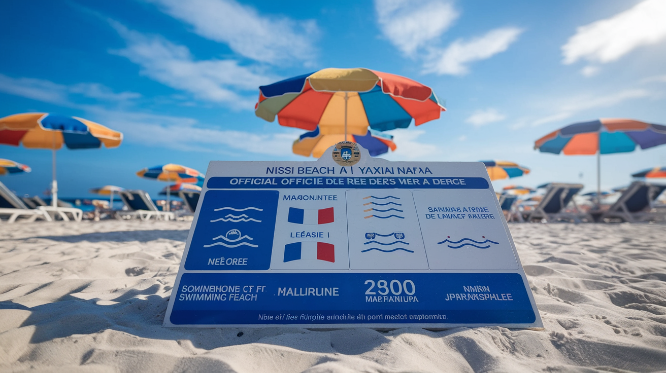 Panneau officiel indiquant la signification des drapeaux de baignade sur la plage de Nissi, Ayia Napa, ciel bleu et parasols.