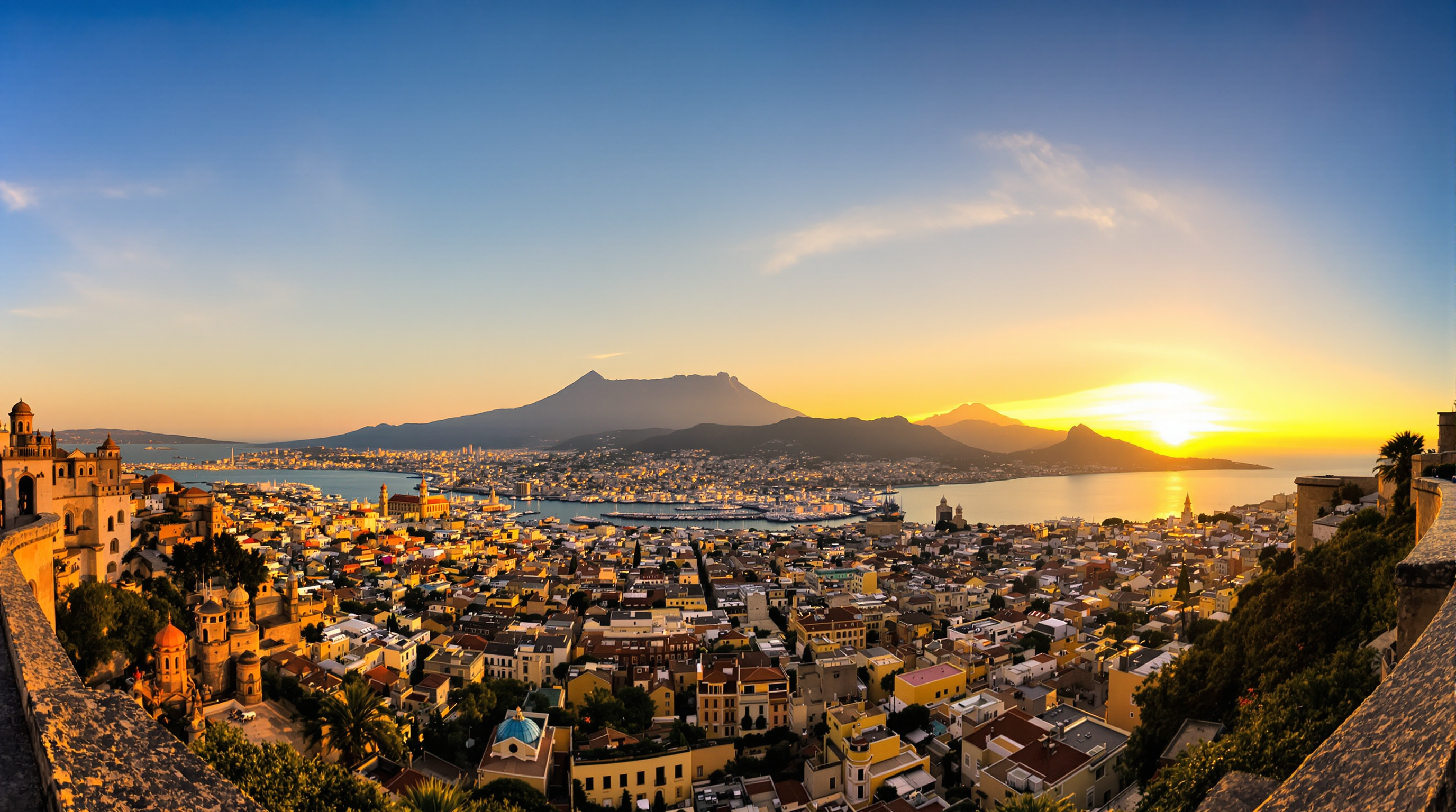 Panorama spectaculaire depuis le chemin de ronde du Castel Sant'Elmo avec Naples, la mer et le Vésuve sous lumière dorée.