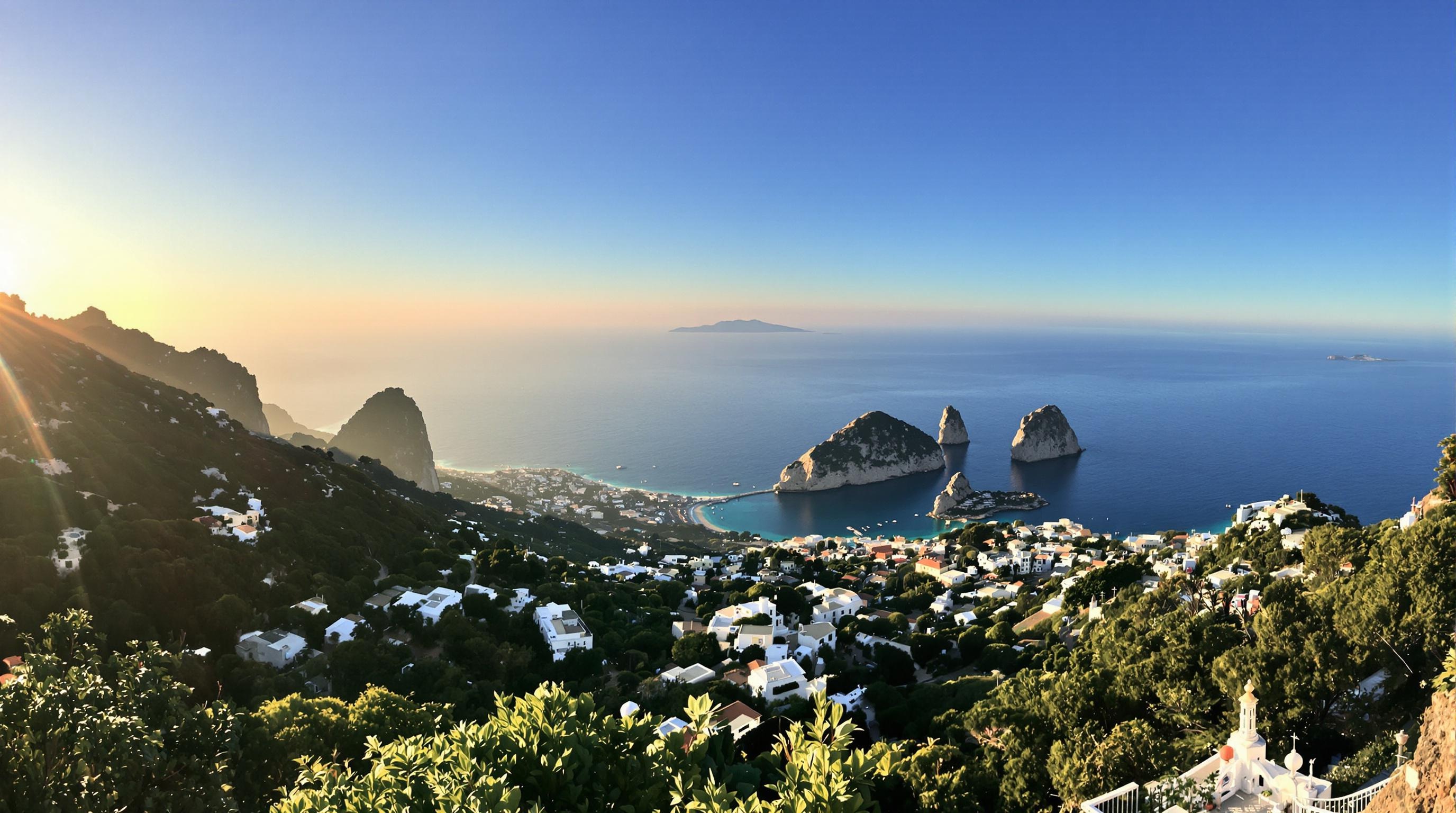 Panorama depuis le sommet du Mont Solaro, vue sur Anacapri et Faraglioni, ciel clair, ambiance golden hour.