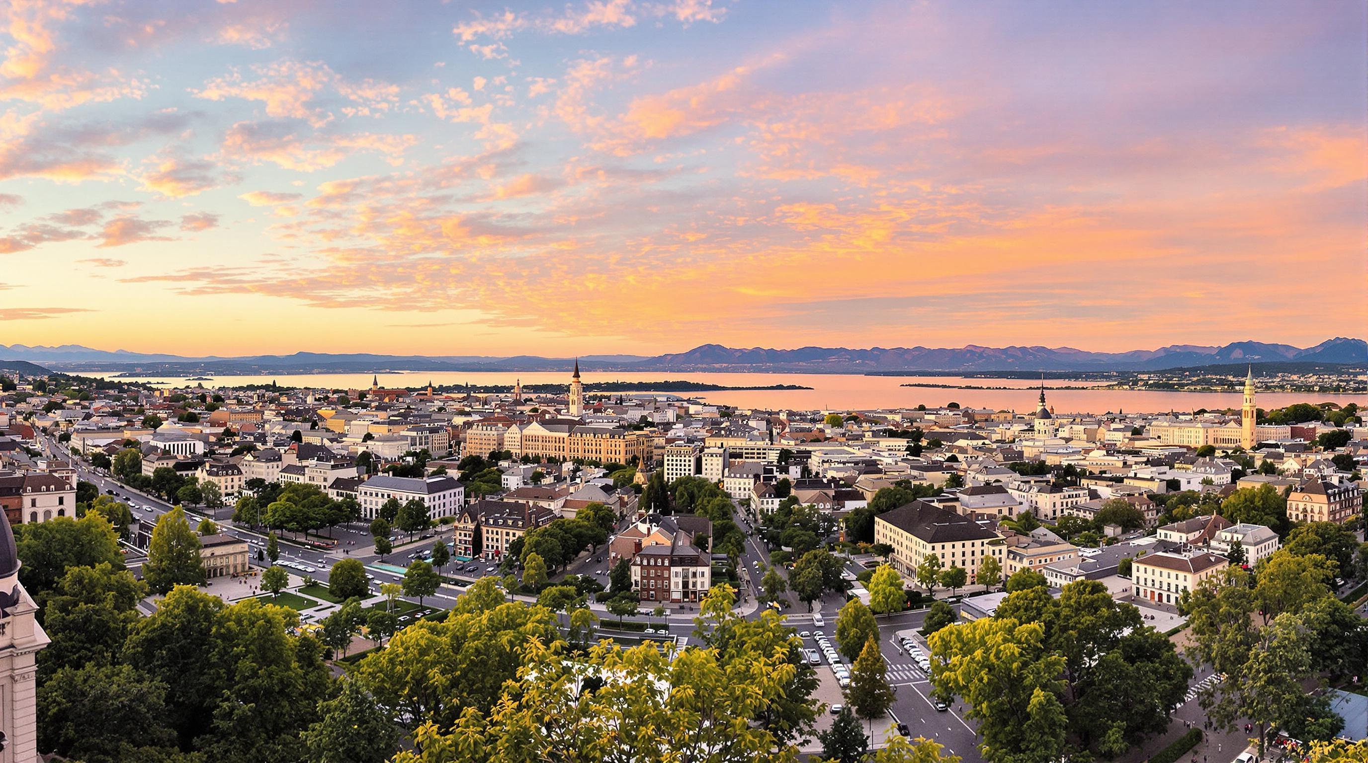 Coucher de soleil panoramique sur Lausanne avec voyageurs décontractés et le Léman en fond.