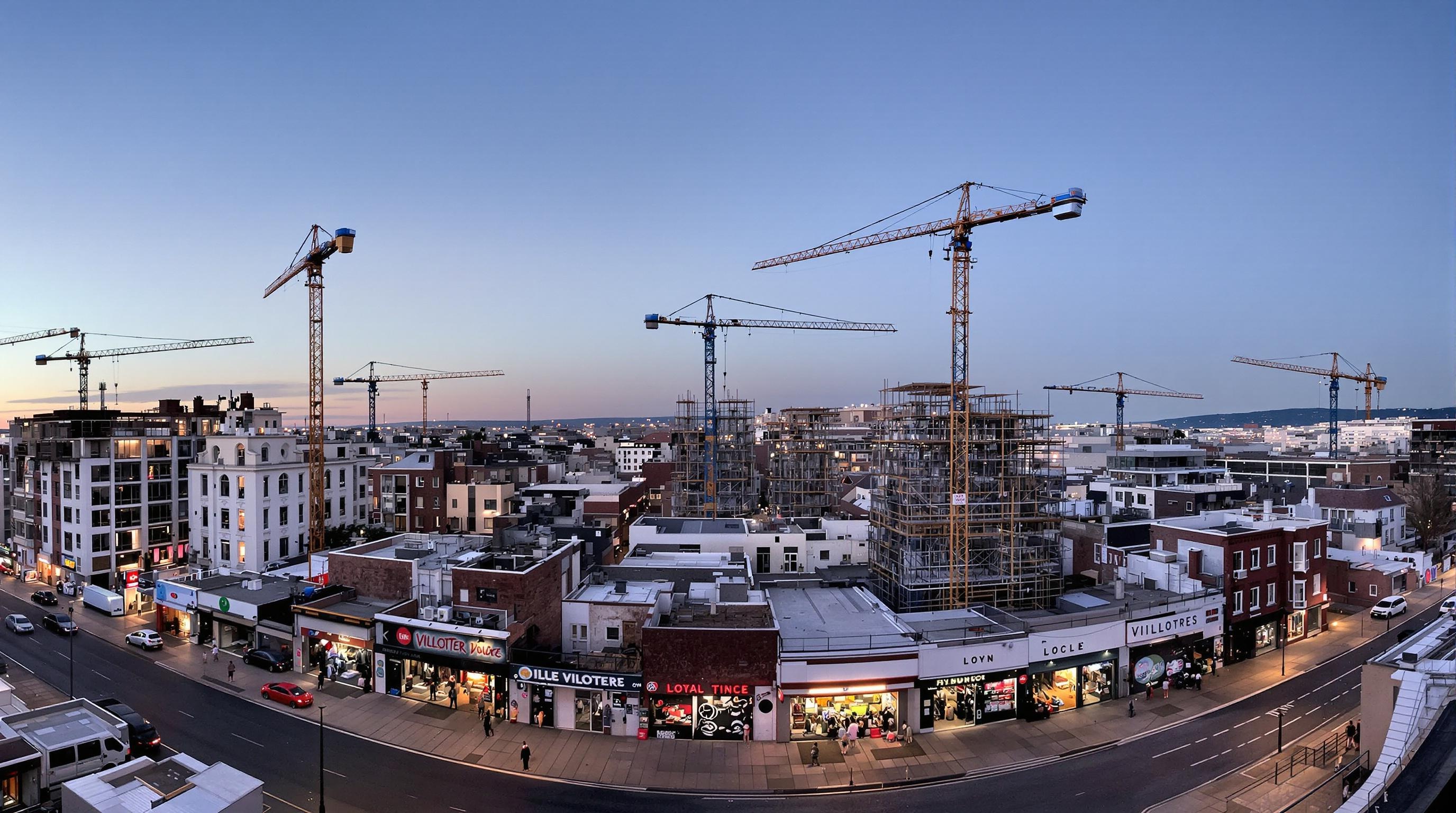 Panorama urbain zones sensibles à Lyon 2024, avec friperies, grues et contrastes quartier