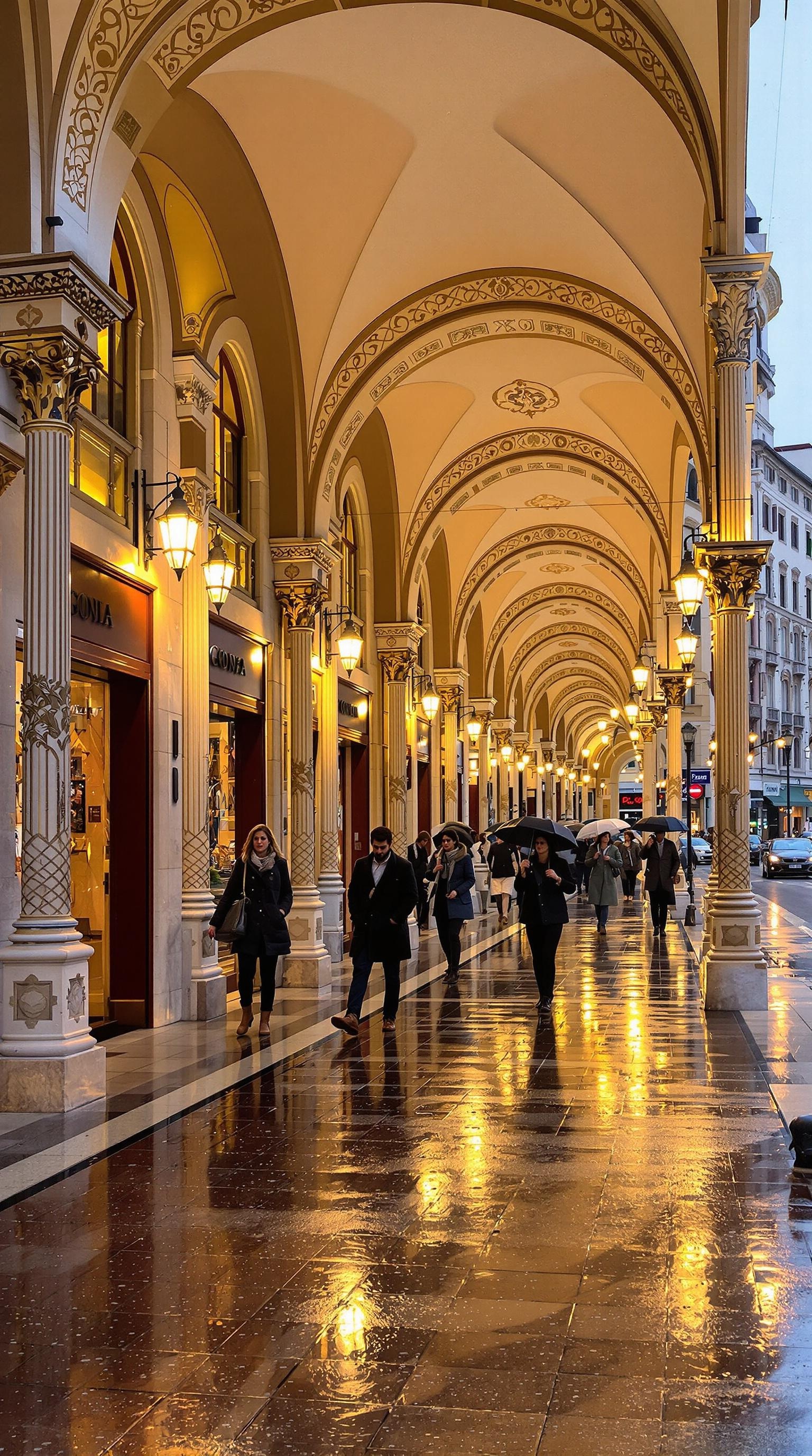 Arcades Art nouveau se reflétant après la pluie sur Via XX Settembre à Gênes