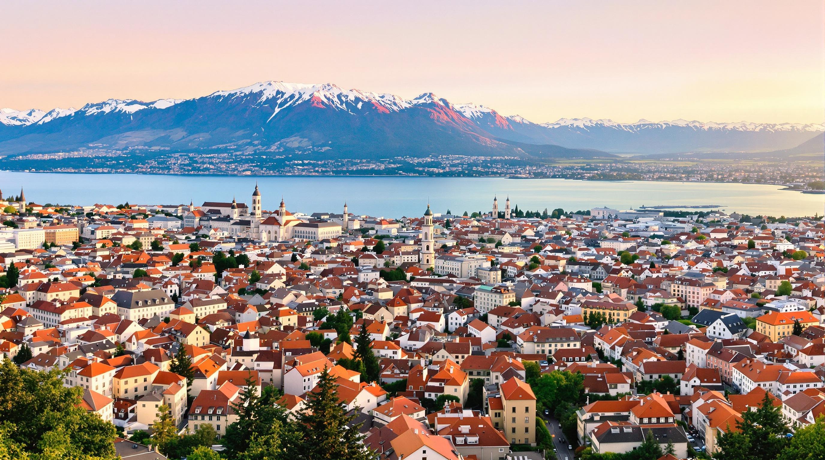 Vue plongeante depuis la tour de la Cathédrale de Lausanne : toits orangés, Léman bleu et Alpes pastel.