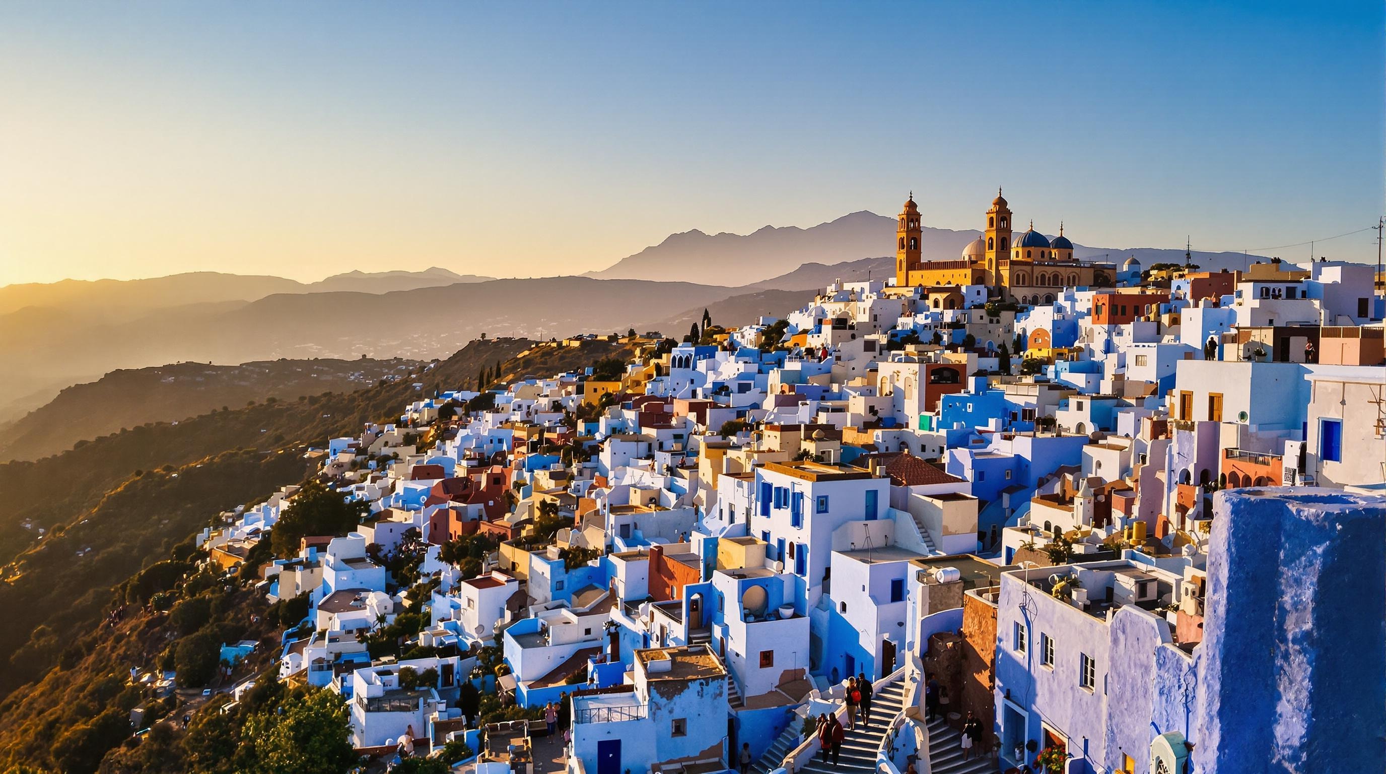 Panorama de Chefchaouen au petit matin, randonneurs vers le Rif et mosquée espagnole.