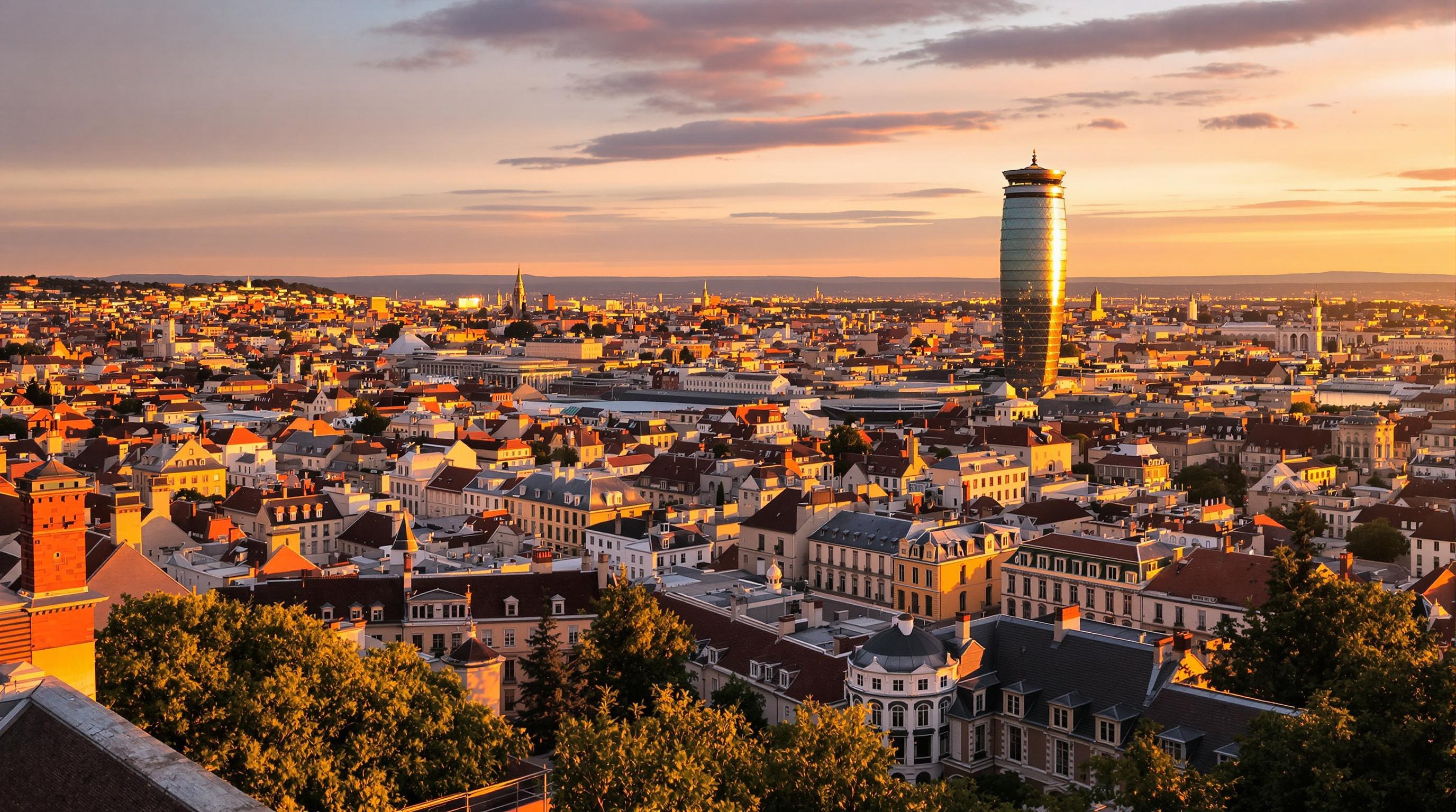 Vue panoramique Fourvière Presqu'île Bellecour Incity coucher de soleil patrimoine skyline Lyon