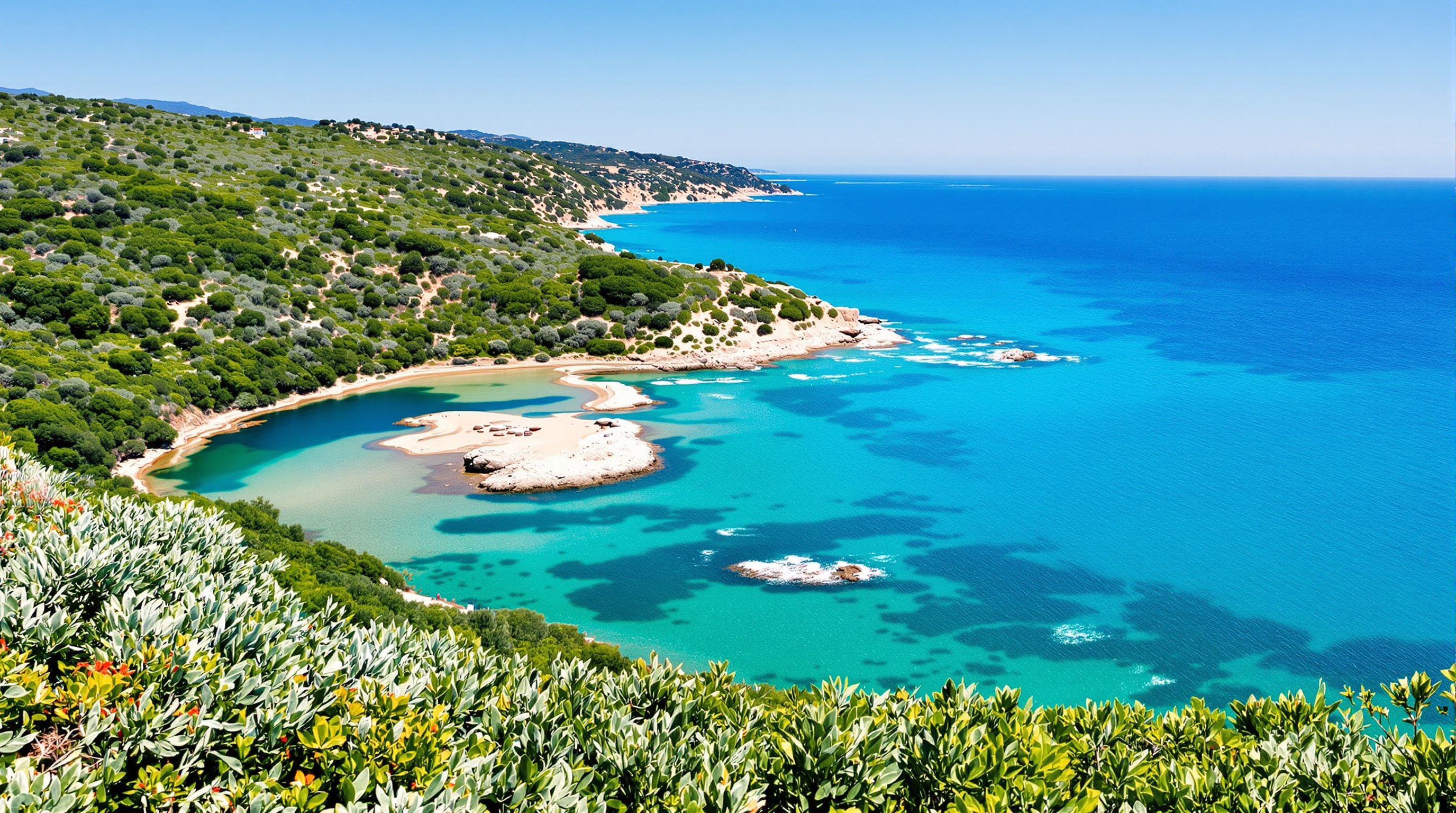 Vue panoramique sur la plage de l'Ostriconi depuis le sentier d'accès – contraste entre maquis corse, rivière et mer turquoise.