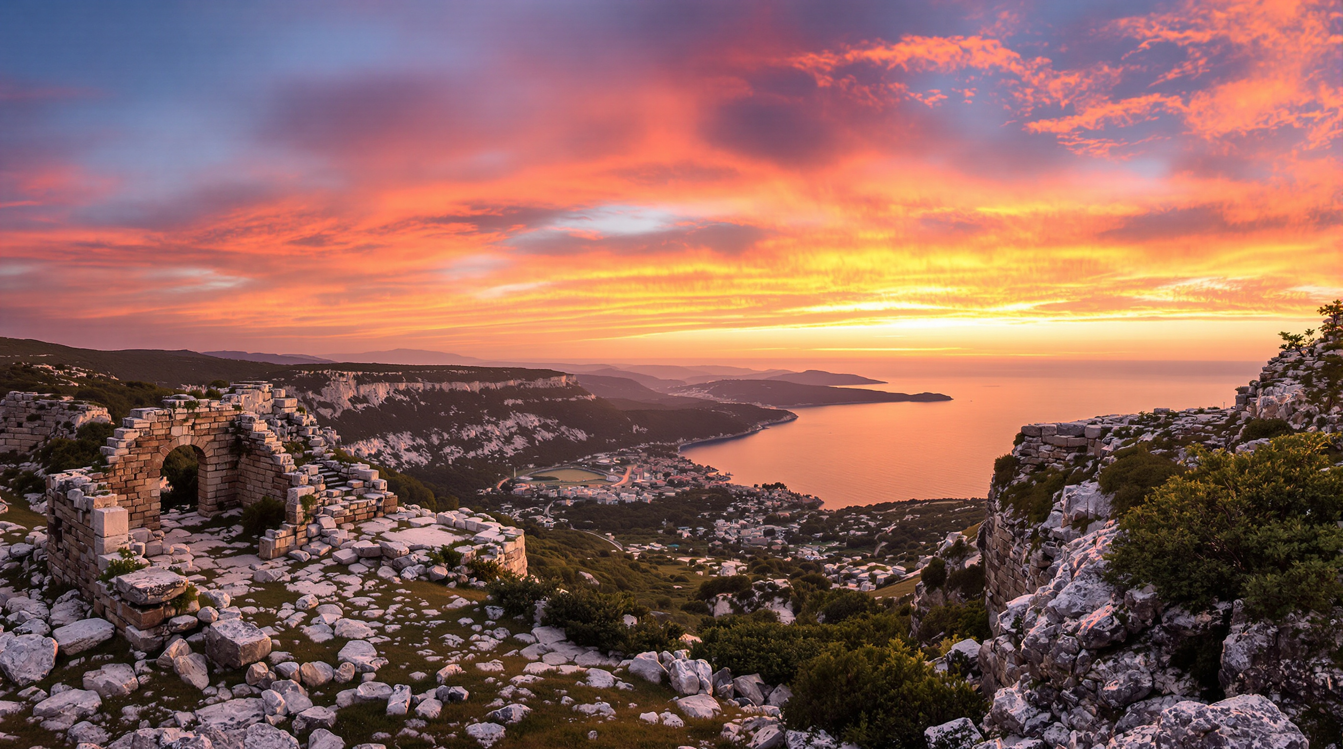 Vue panoramique depuis les ruines du château d'Angelokastro au coucher du soleil. Le ciel est teinté d'orange et de rose, illuminant la côte découpée de Corfou et la mer Ionienne scintillante en contrebas. L'ambiance est sauvage et épique.